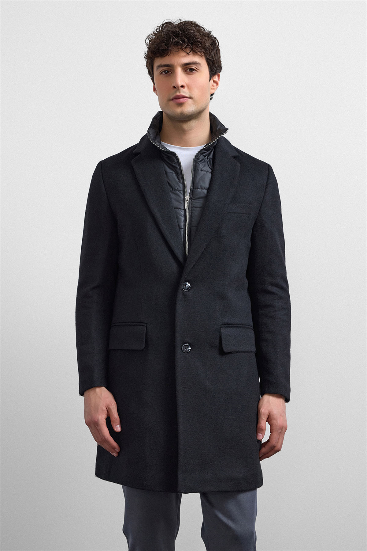 Siyah Regular Fit Kruvaze Kısa Kaban