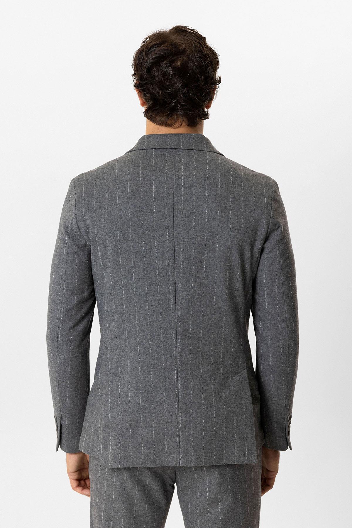 Gri Slim Fit Kırlangıç Yaka Çizgili Kruvaze Ceket