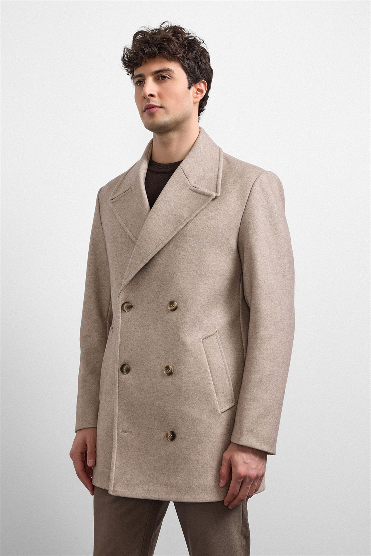 Bej Regular Fit Kruvaze Kısa Kaban