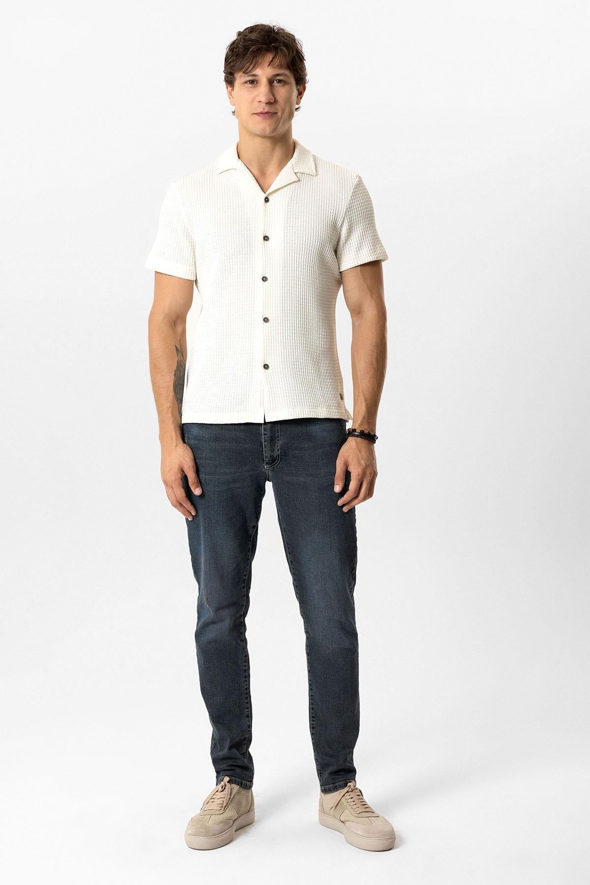 Ekru Regular Fit Küba Yaka Örme Kısa Kollu Gömlek