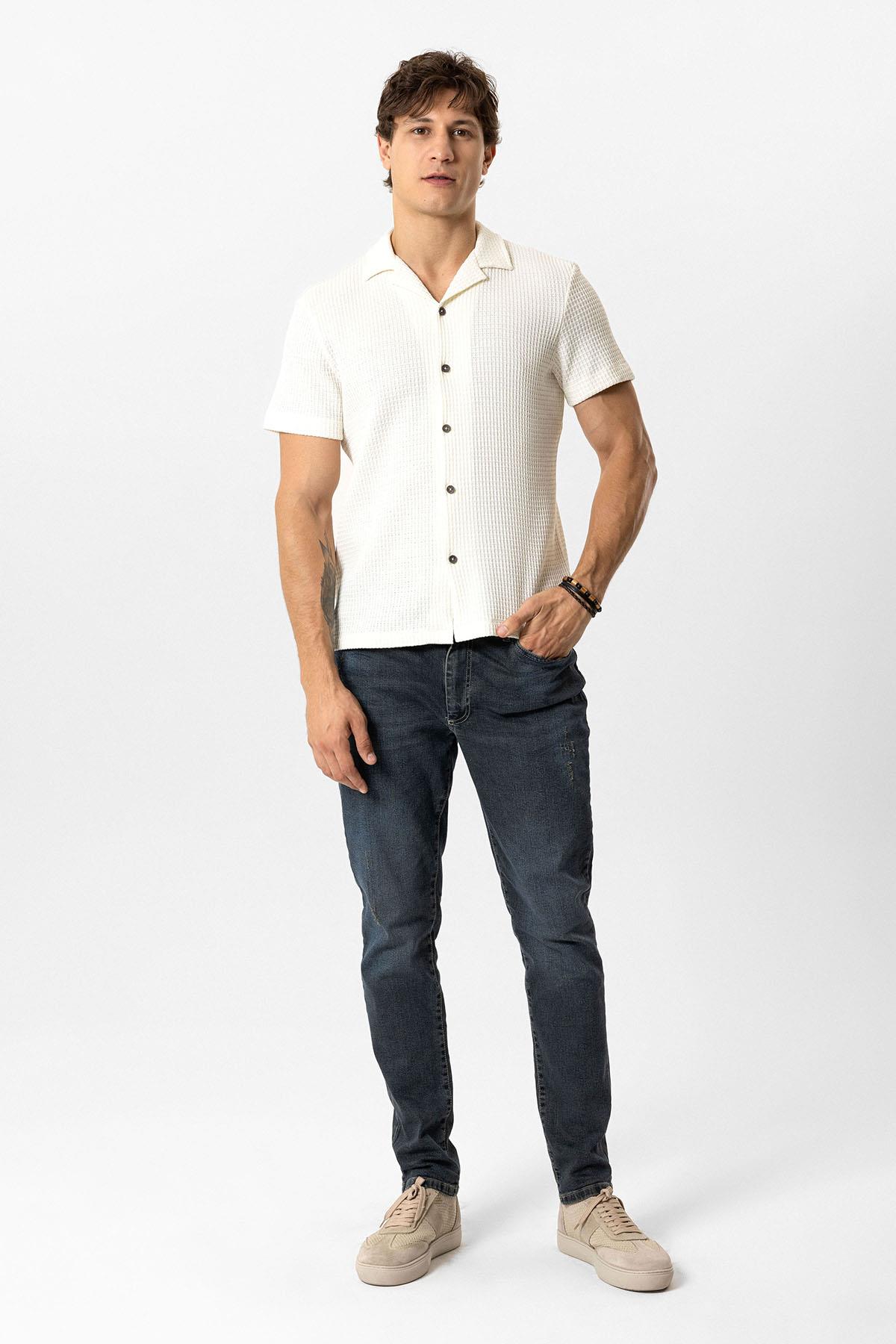 Ekru Regular Fit Küba Yaka Örme Kısa Kollu Gömlek