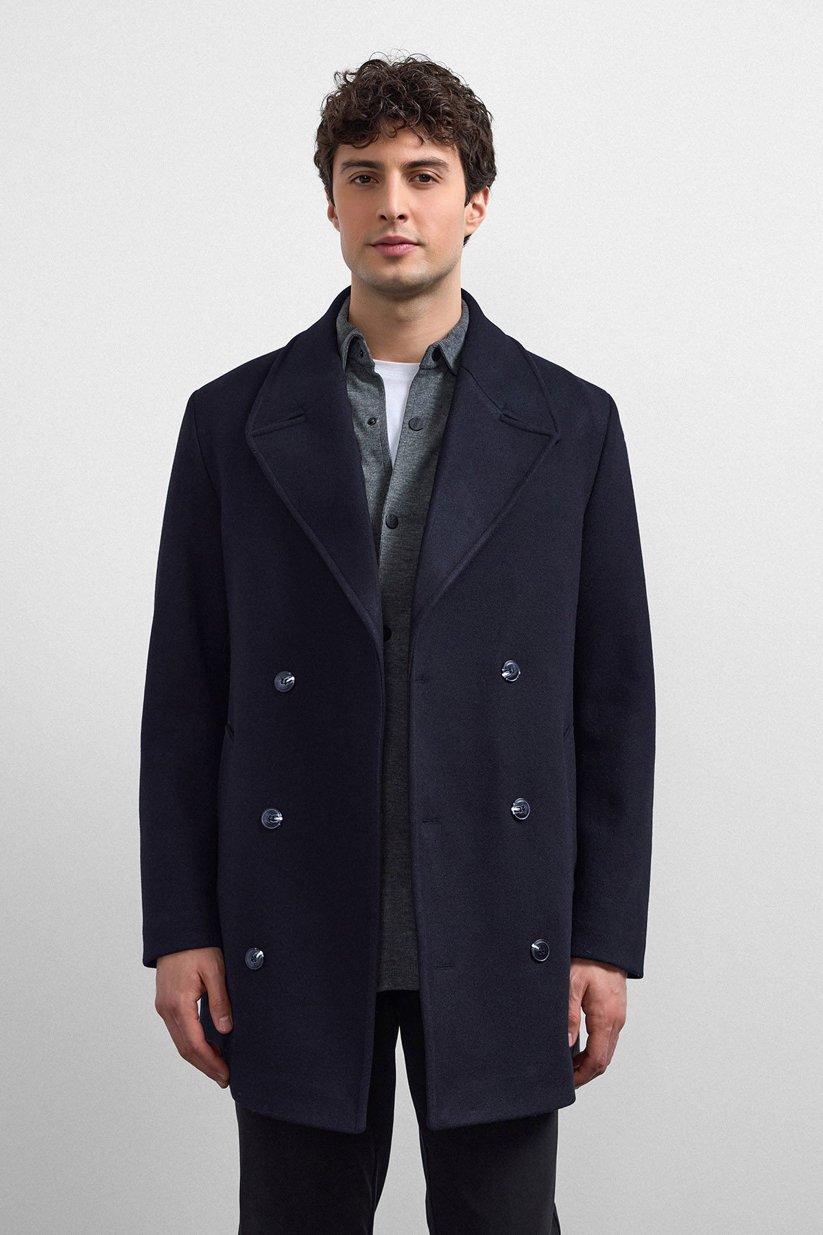 Lacivert Regular Fit Kruvaze Kısa Kaban