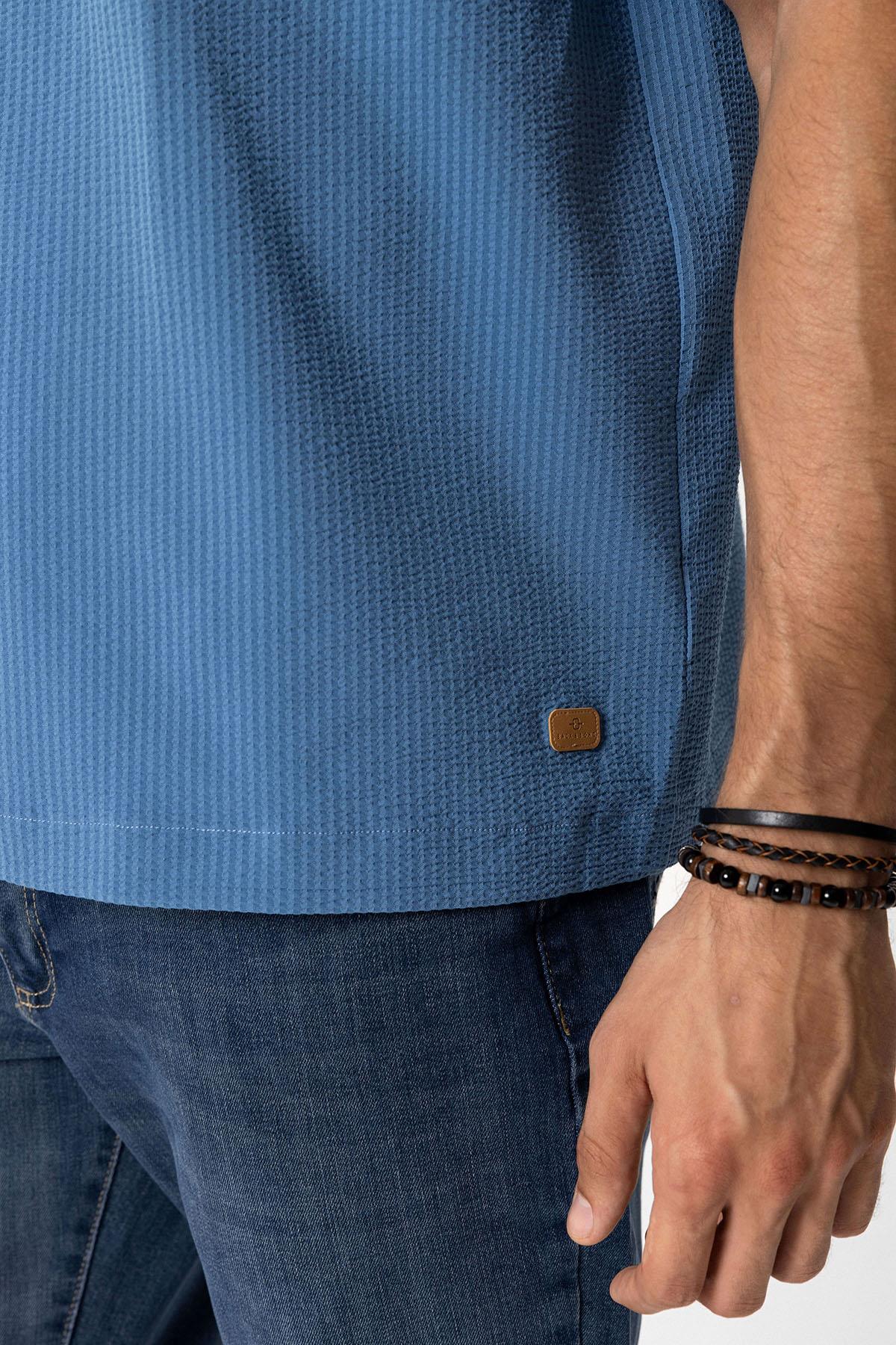 Lacivert Relaxed Fit Küba Yaka Kısa Kollu Gömlek