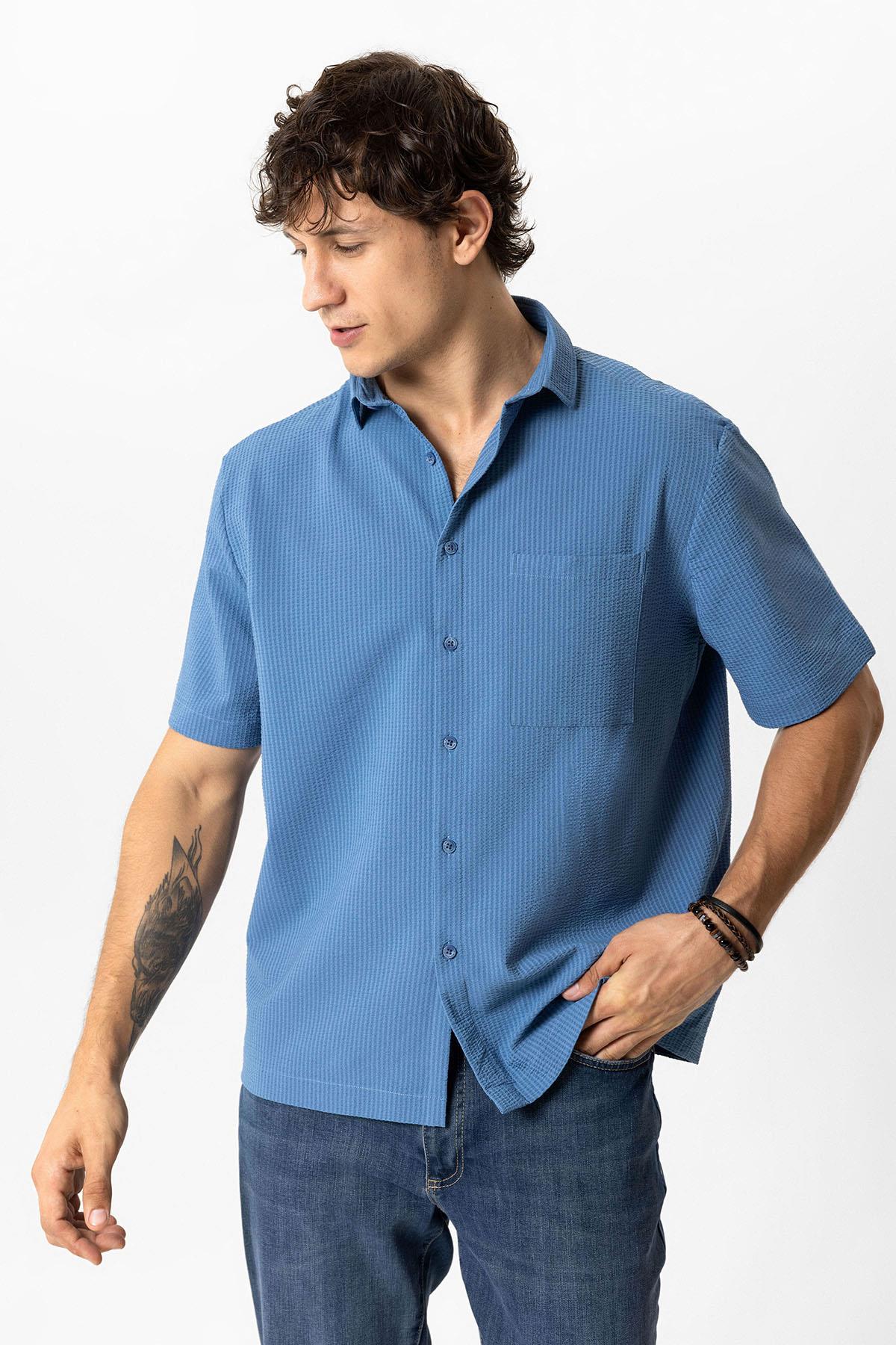 Lacivert Relaxed Fit Küba Yaka Kısa Kollu Gömlek