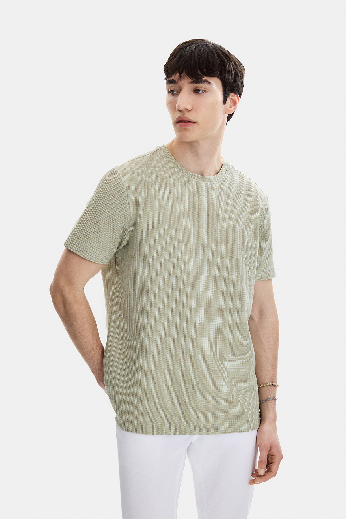 Mint Yeşil Regular Fit Örme Bisiklet Yaka Tişört