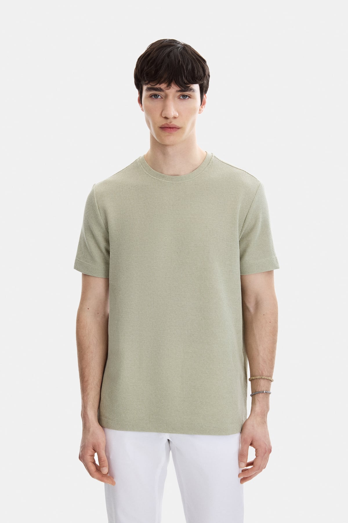 Mint Yeşil Regular Fit Örme Bisiklet Yaka Tişört