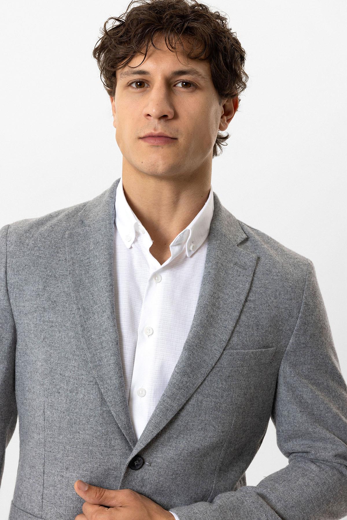 Koyu Gri Slim Fit Mono Yaka Yünlü Ceket