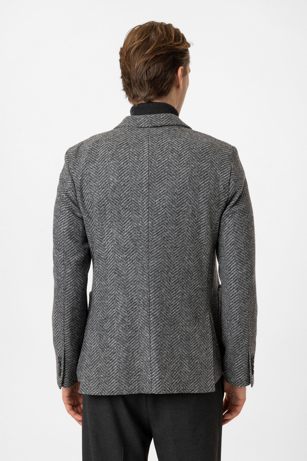 Gri Dokuma Mono Yaka Ceket