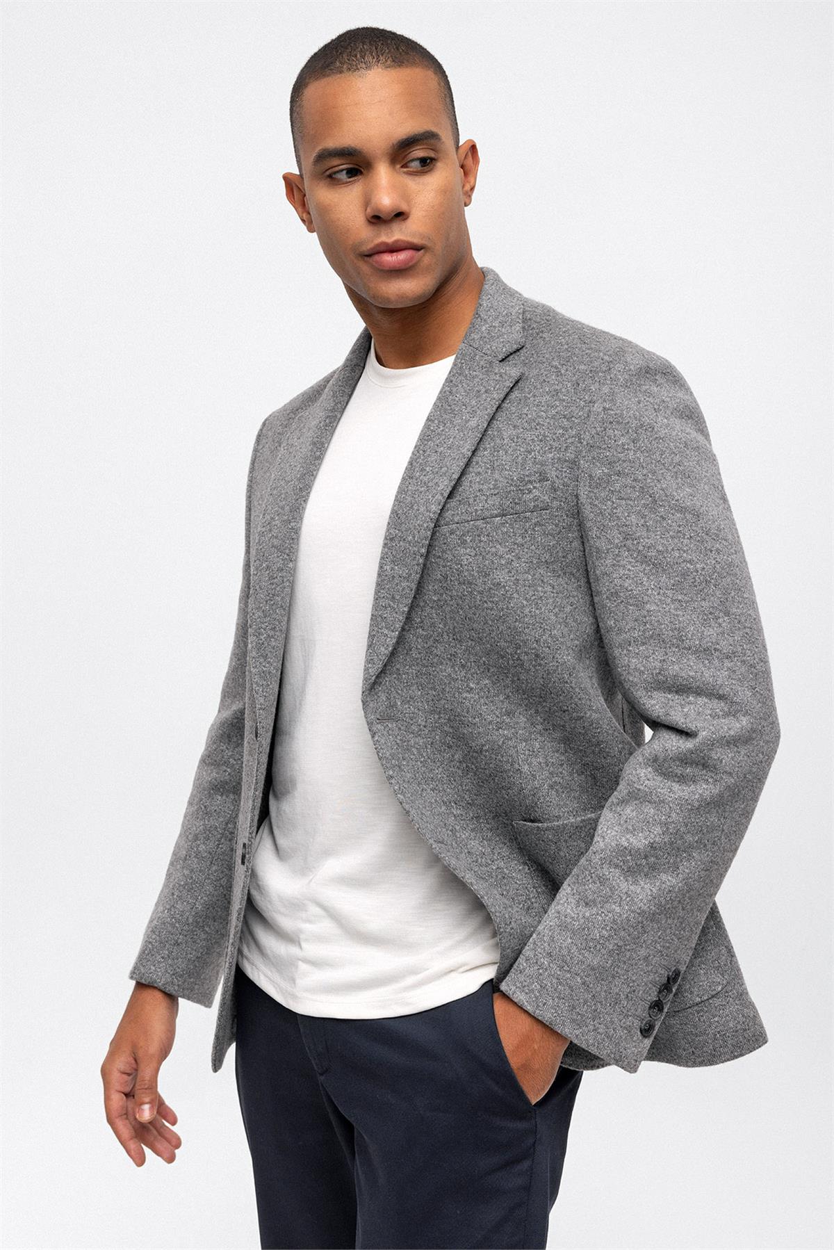 Antrasit Slim Fit Mono Yaka Yünlü Ceket