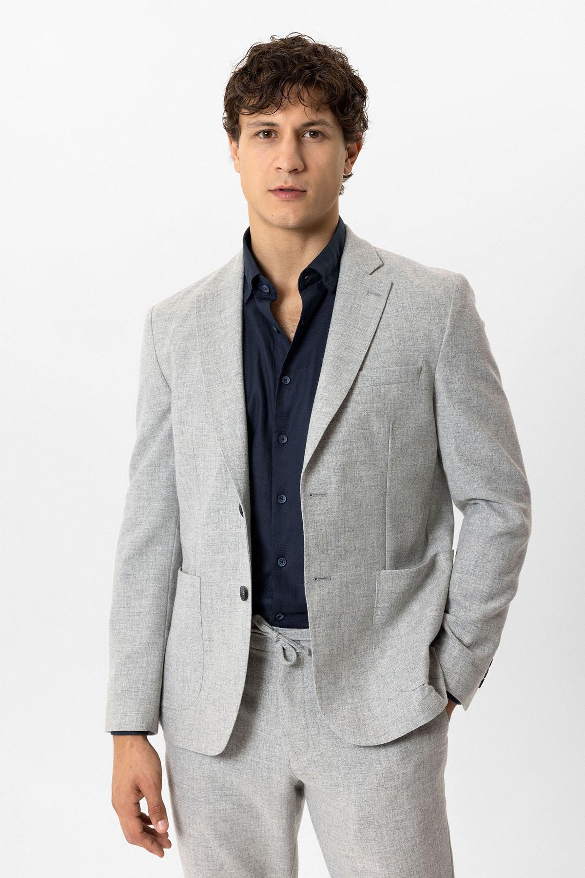 Açık Gri Slim Fit Mono Yaka Yünlü Ceket