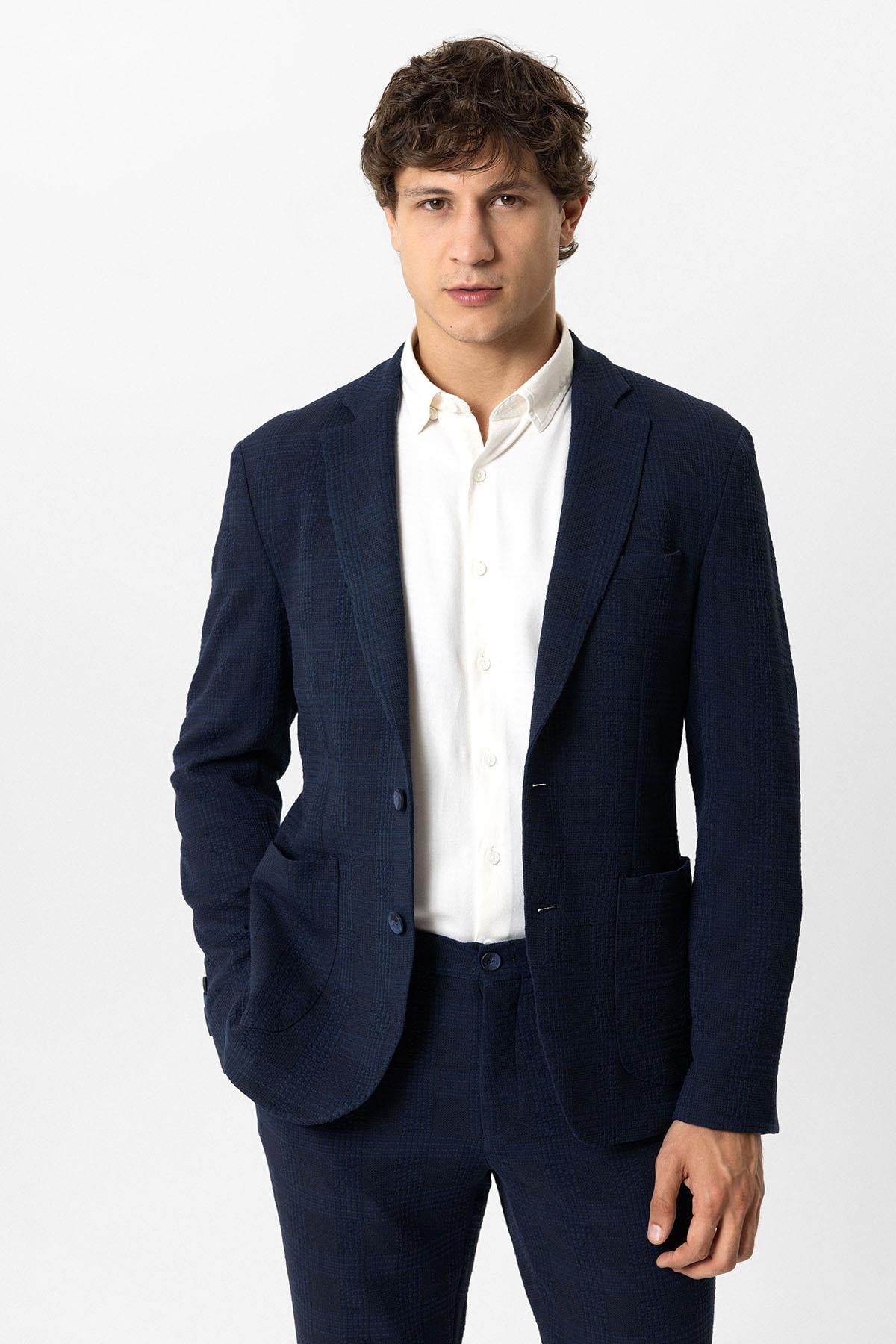 Lacivert Slim Fit Mono Yaka Ceket