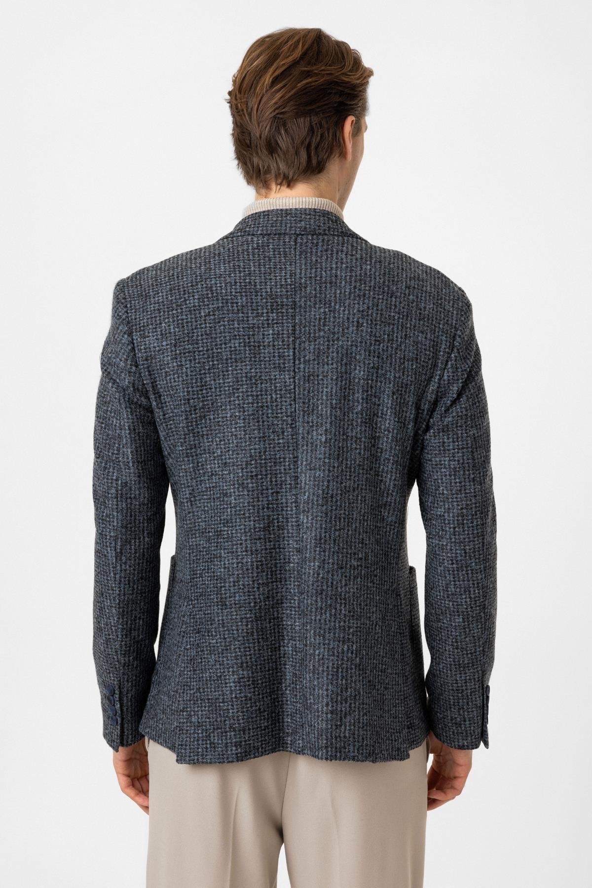 Lacivert Yünlü Mono Yaka Ceket