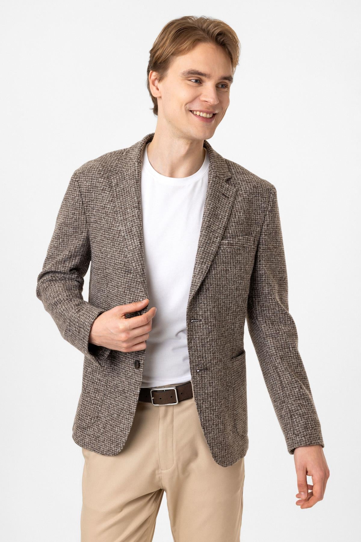 Bej Slim Fit Mono Yaka Dokuma Ceket