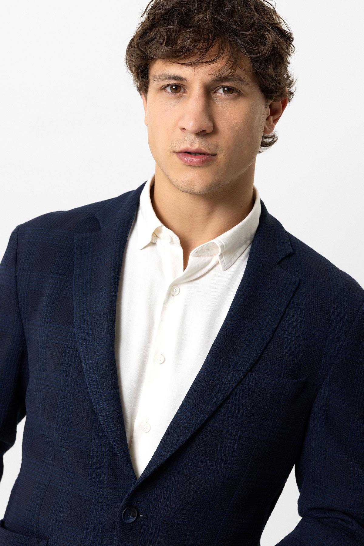 Lacivert Slim Fit Mono Yaka Ceket