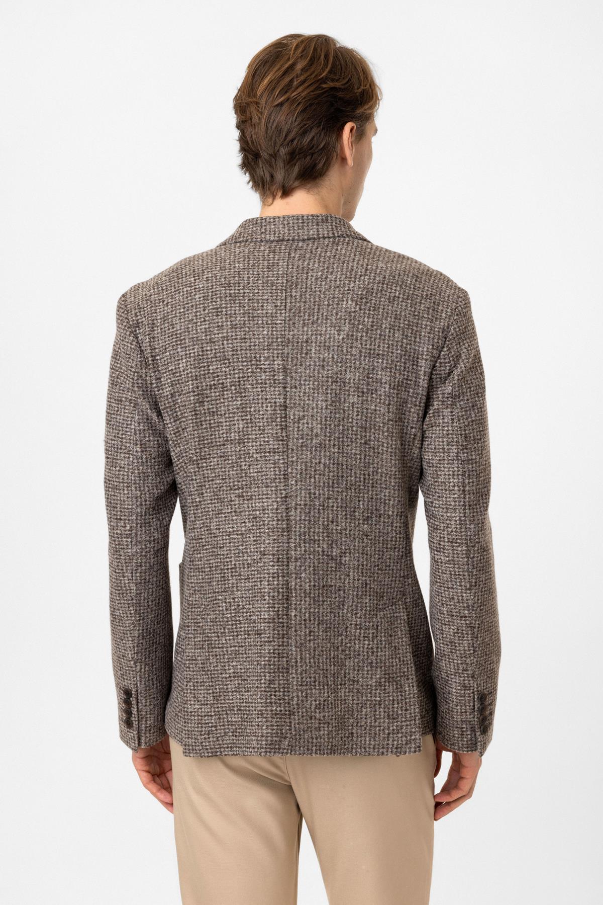 Bej Slim Fit Mono Yaka Dokuma Ceket