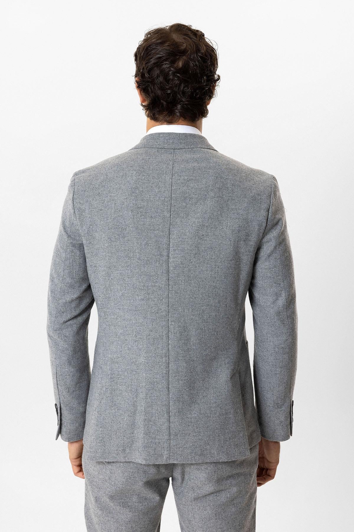 Koyu Gri Slim Fit Mono Yaka Yünlü Ceket