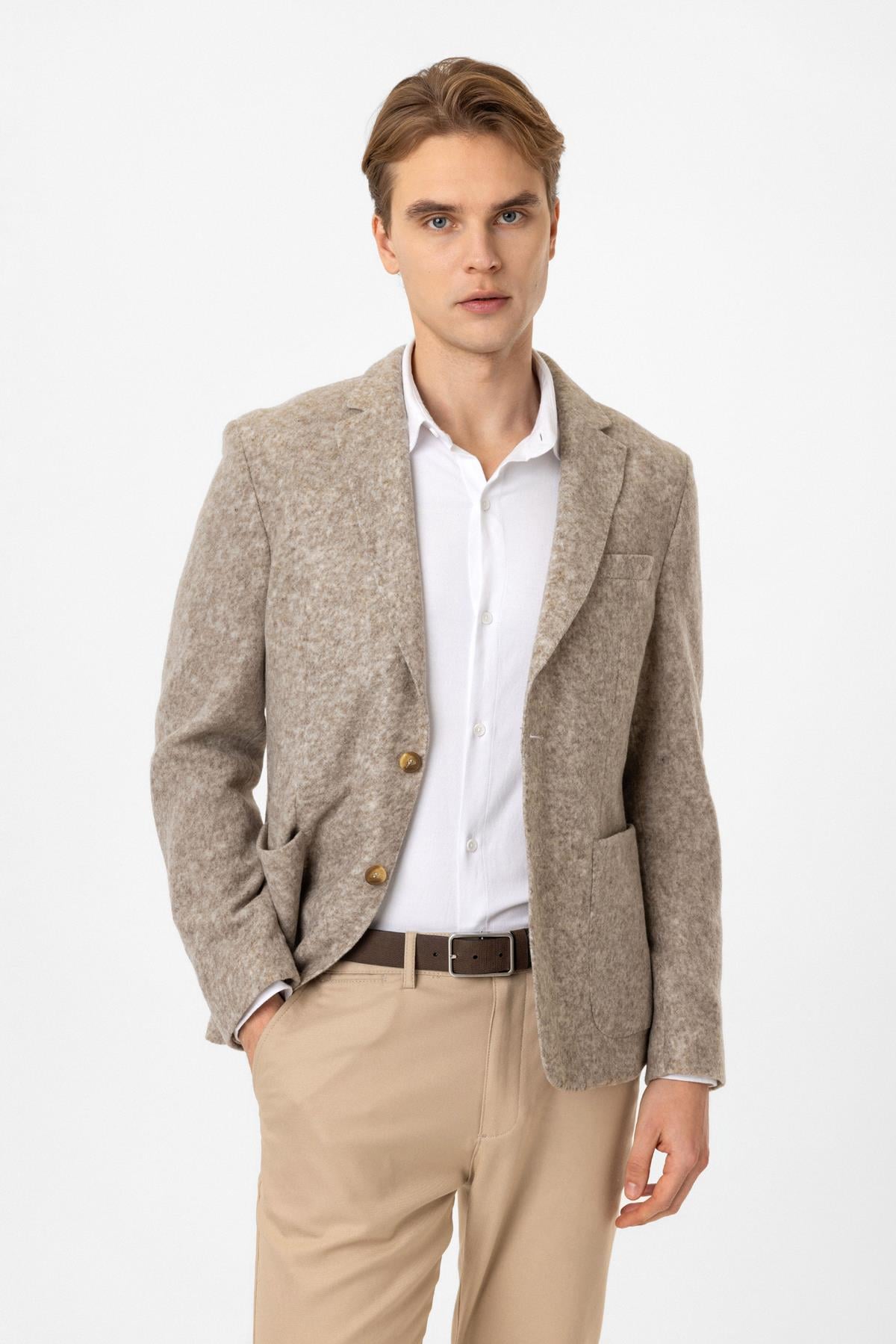 Bej Yünlü Mono Yaka Ceket 