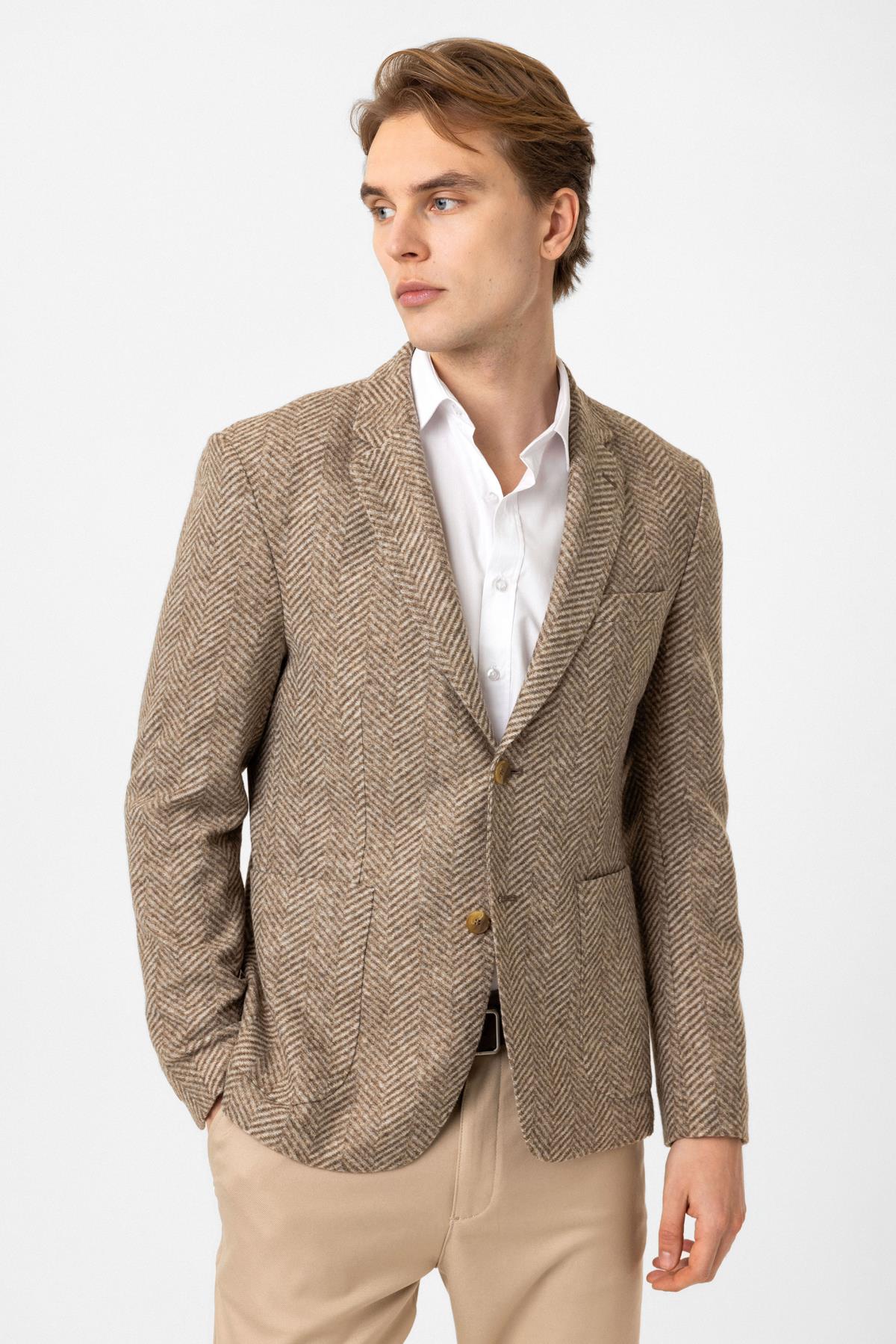 Bej Dokuma Mono Yaka Ceket 