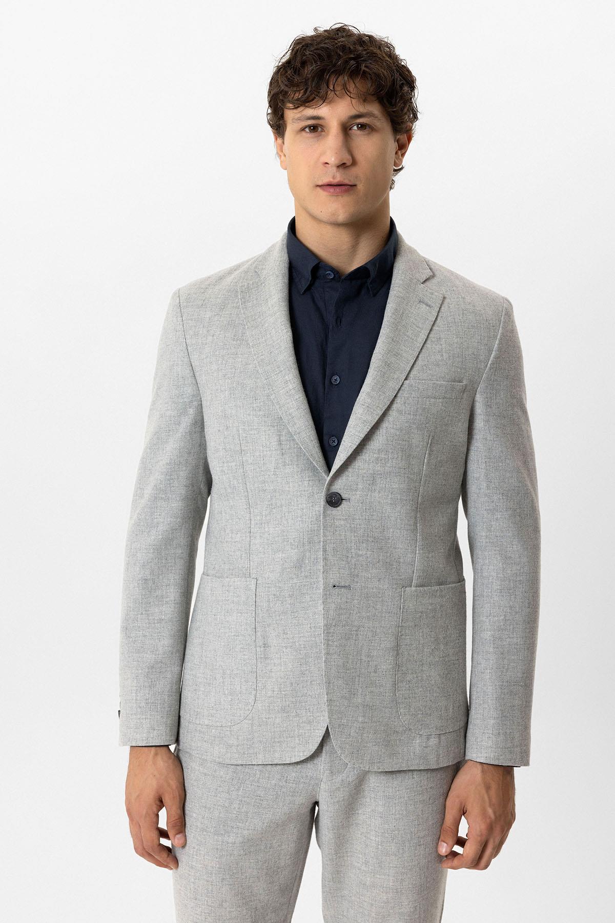 Açık Gri Slim Fit Mono Yaka Yünlü Ceket