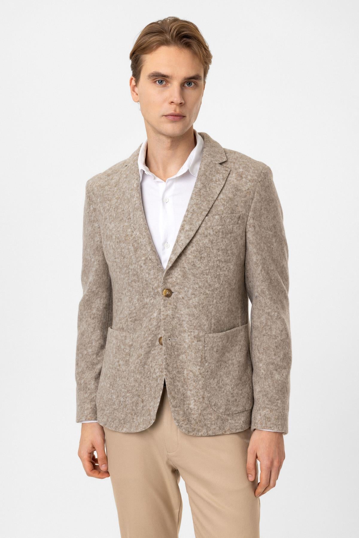 Bej Yünlü Mono Yaka Ceket 