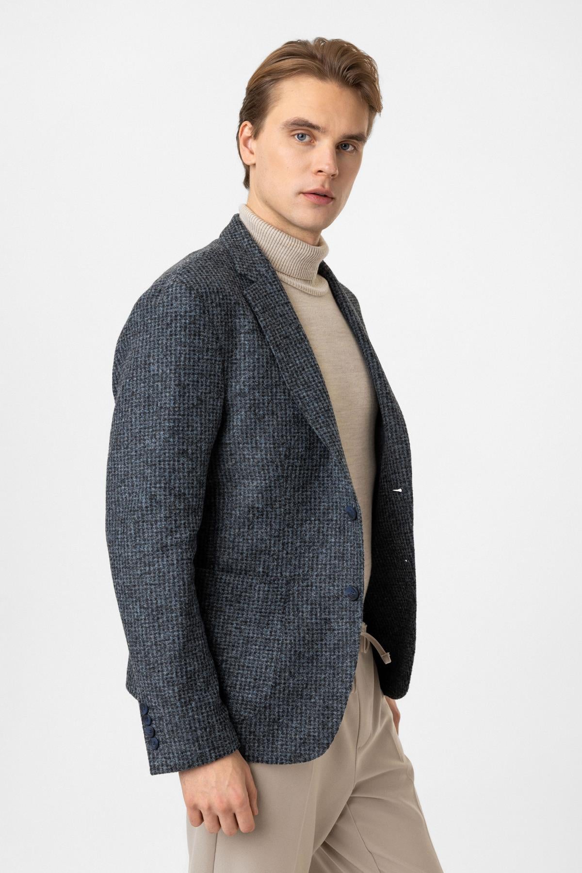 Lacivert Yünlü Mono Yaka Ceket