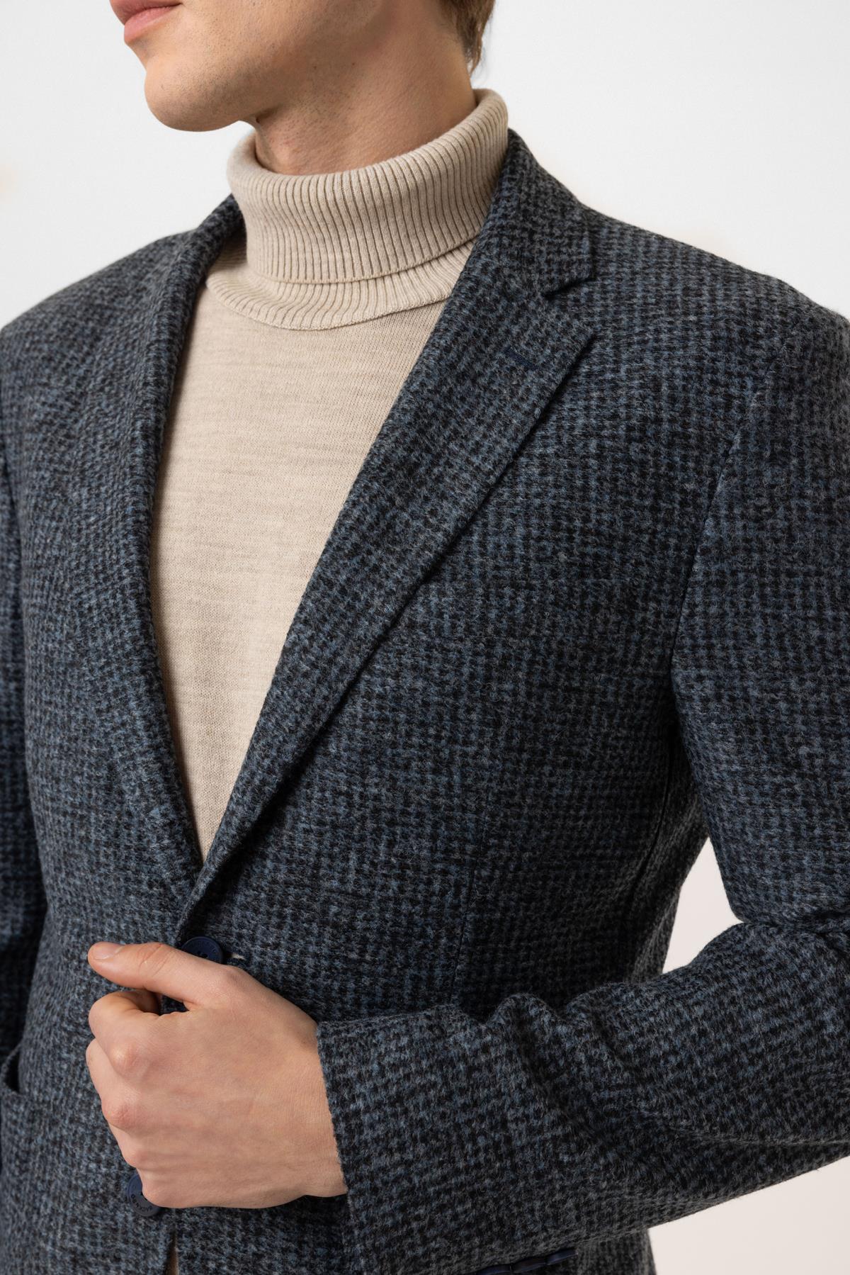 Lacivert Yünlü Mono Yaka Ceket