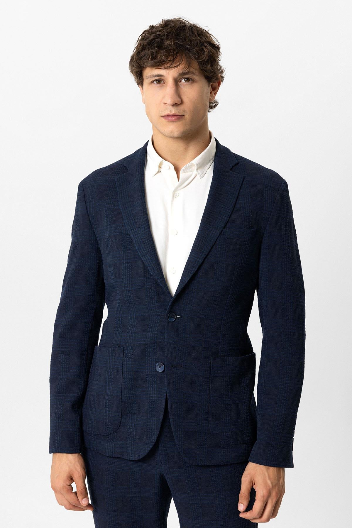 Lacivert Slim Fit Mono Yaka Ceket