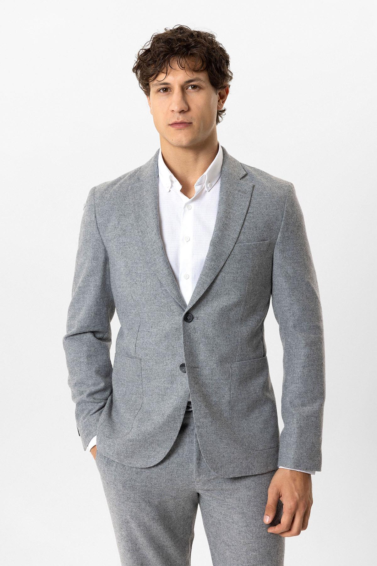 Koyu Gri Slim Fit Mono Yaka Yünlü Ceket