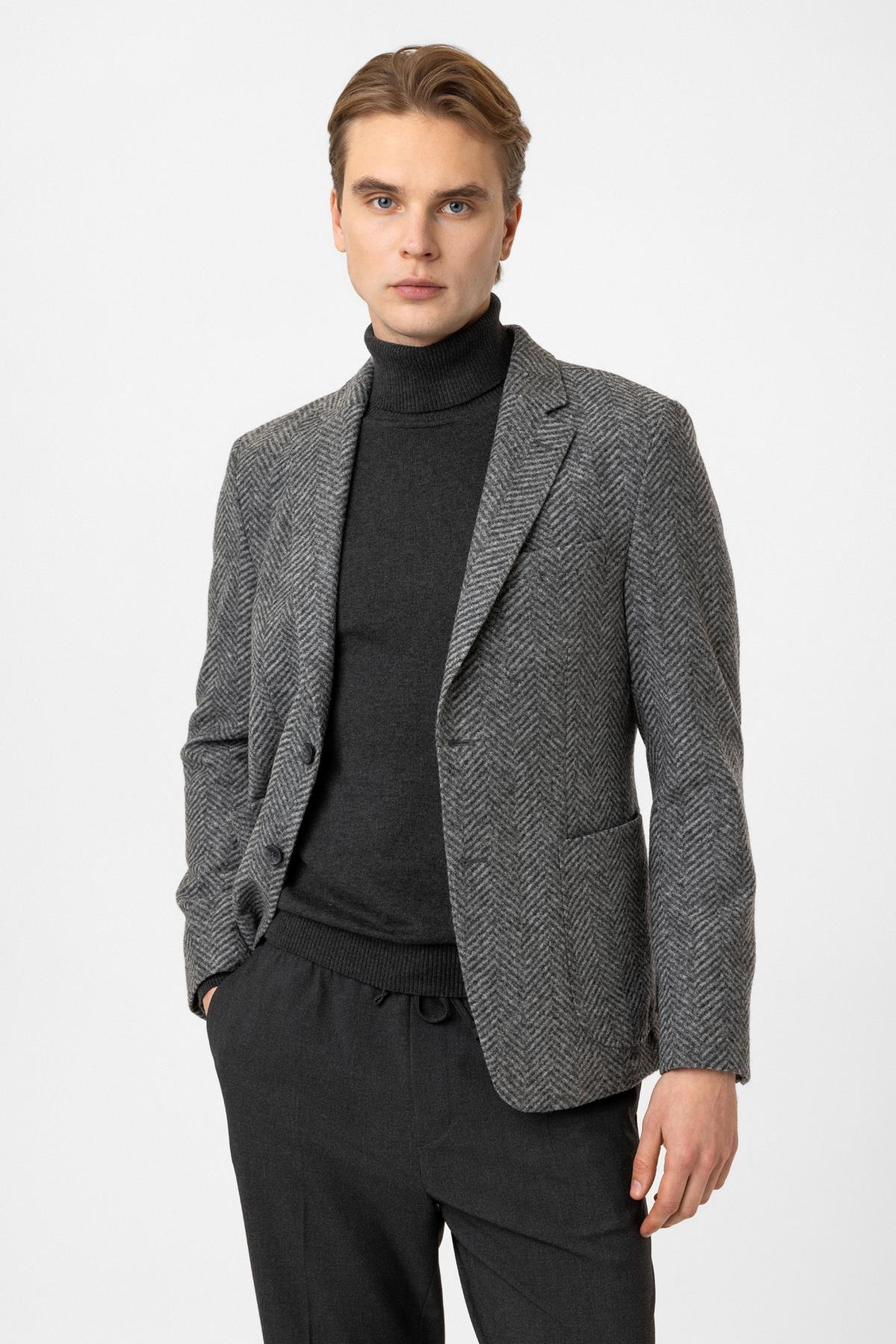 Gri Dokuma Mono Yaka Ceket