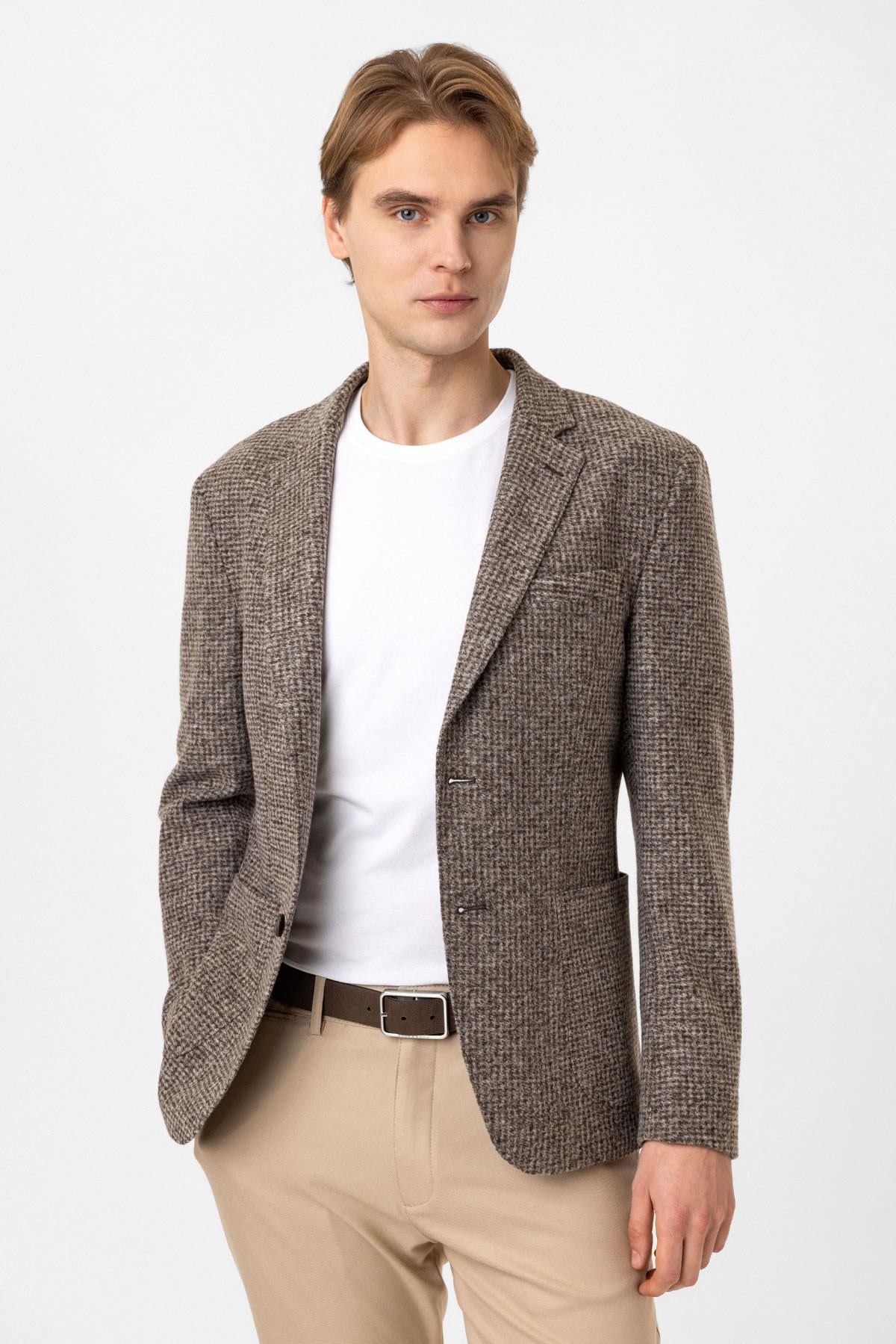 Bej Slim Fit Mono Yaka Dokuma Ceket