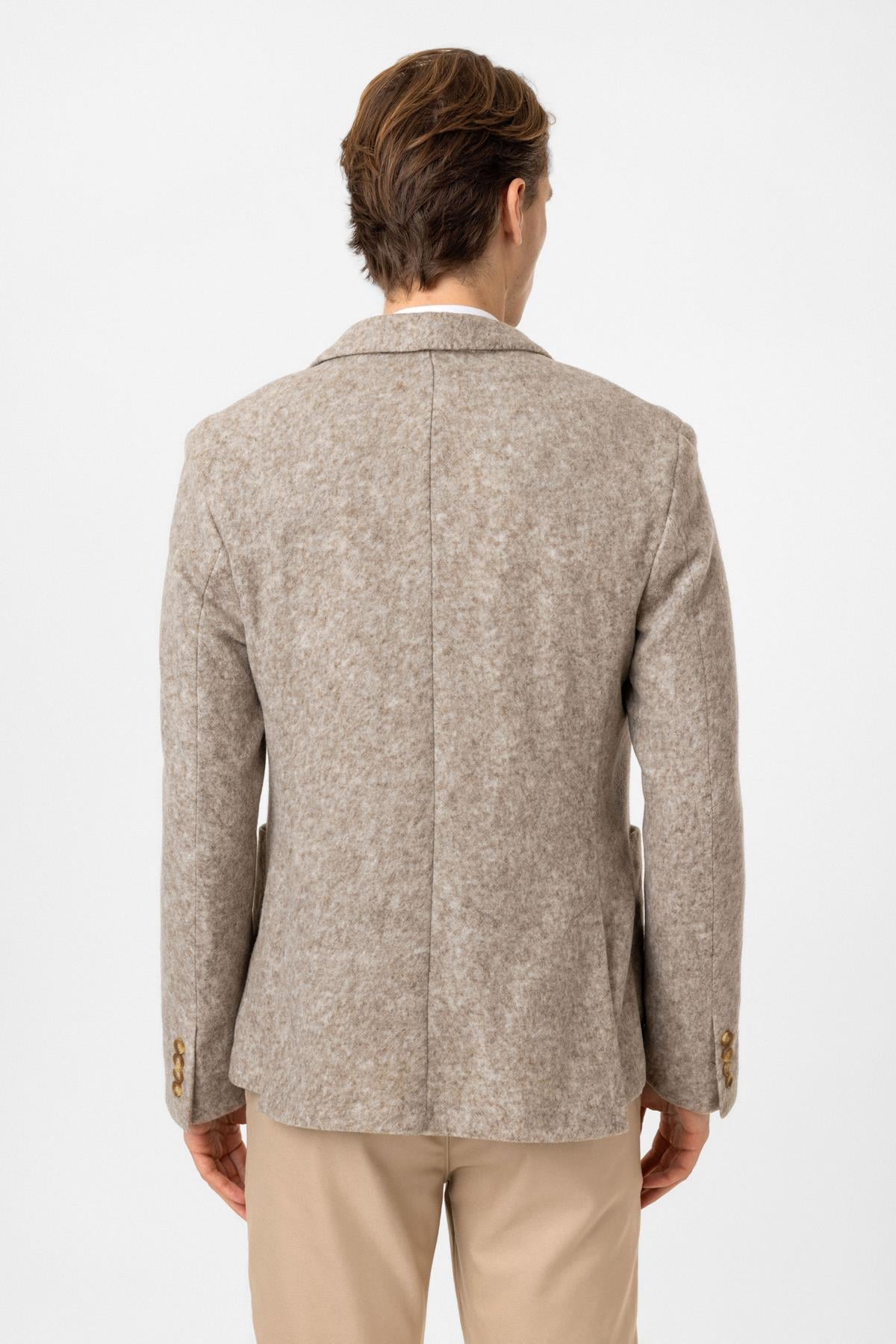 Bej Yünlü Mono Yaka Ceket 