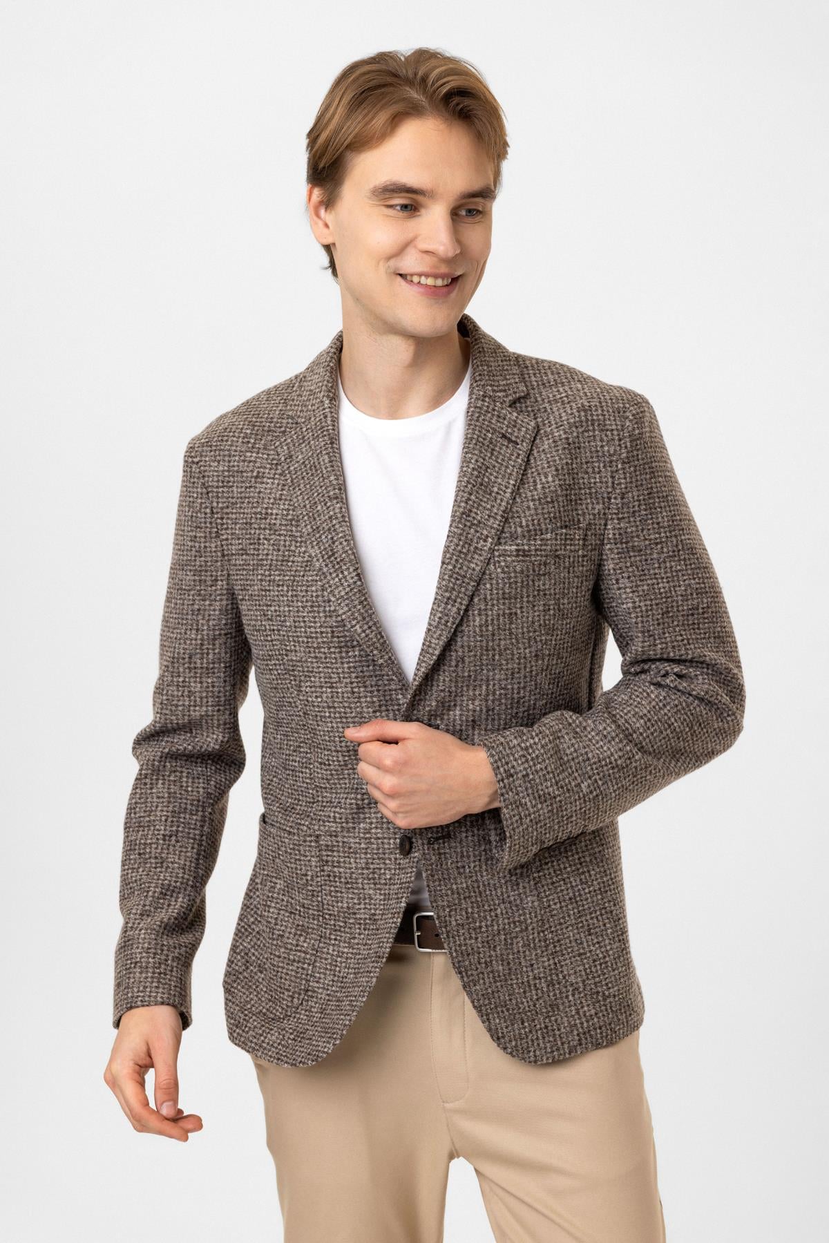 Bej Slim Fit Mono Yaka Dokuma Ceket