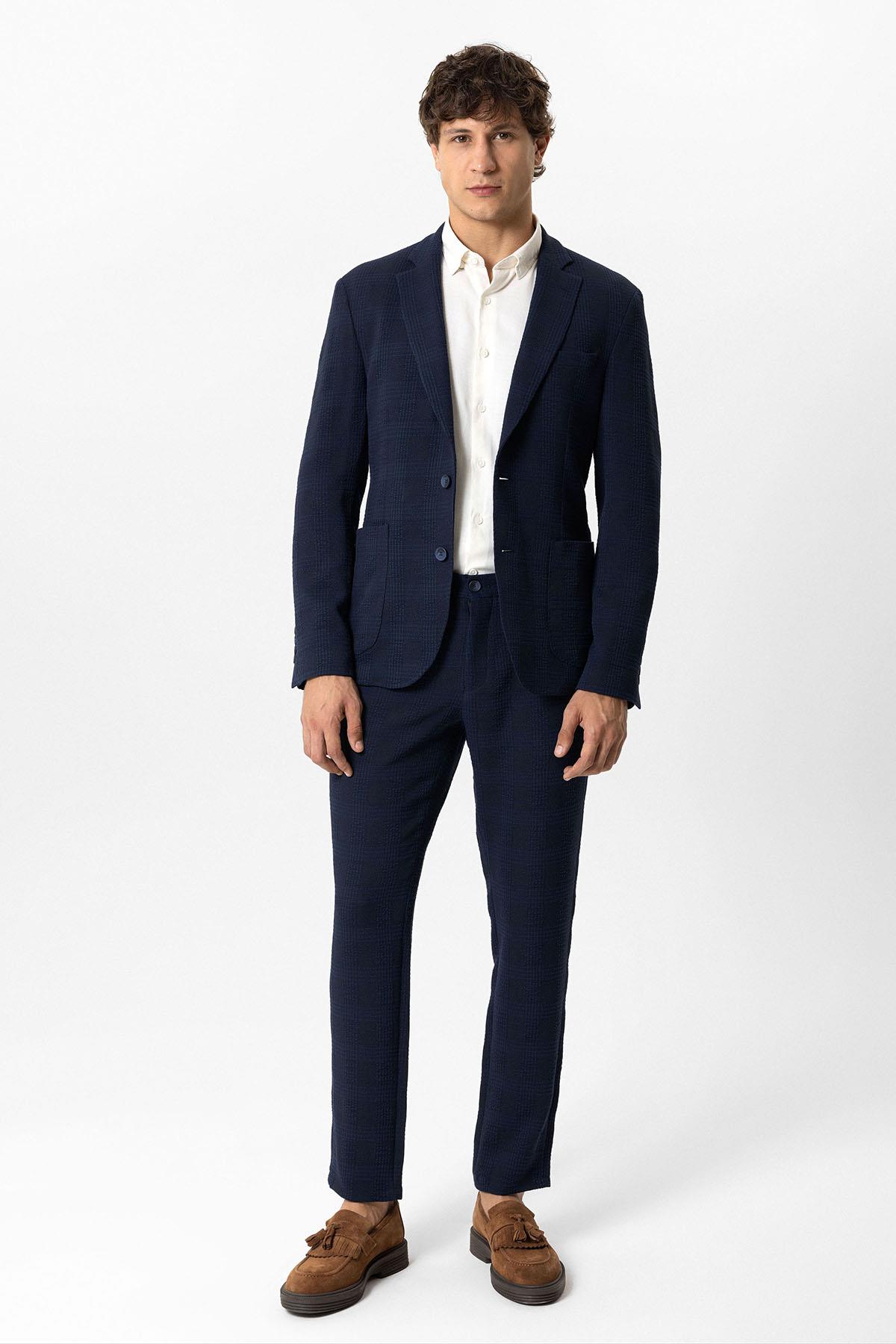 Lacivert Slim Fit Mono Yaka Ceket