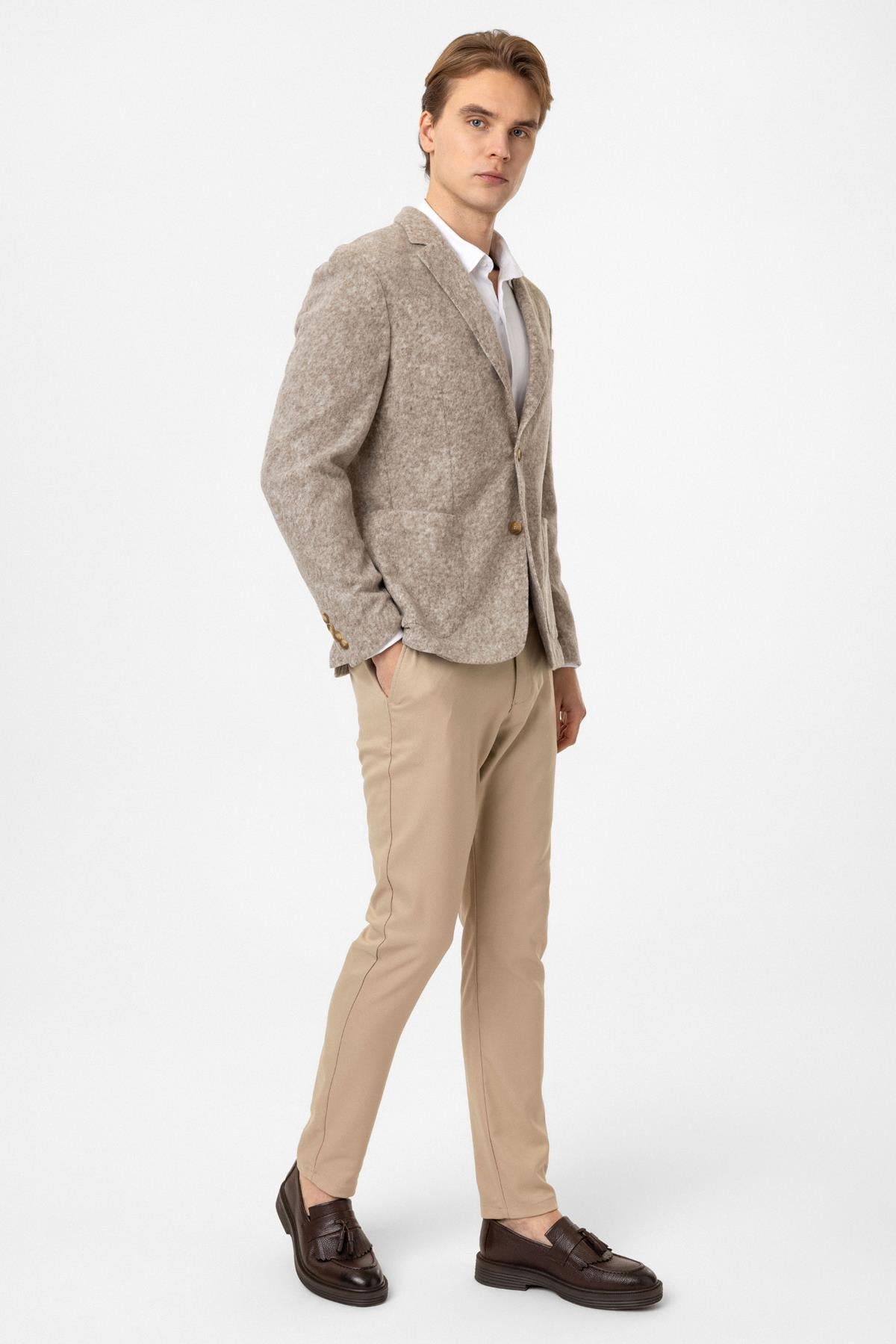 Bej Yünlü Mono Yaka Ceket 