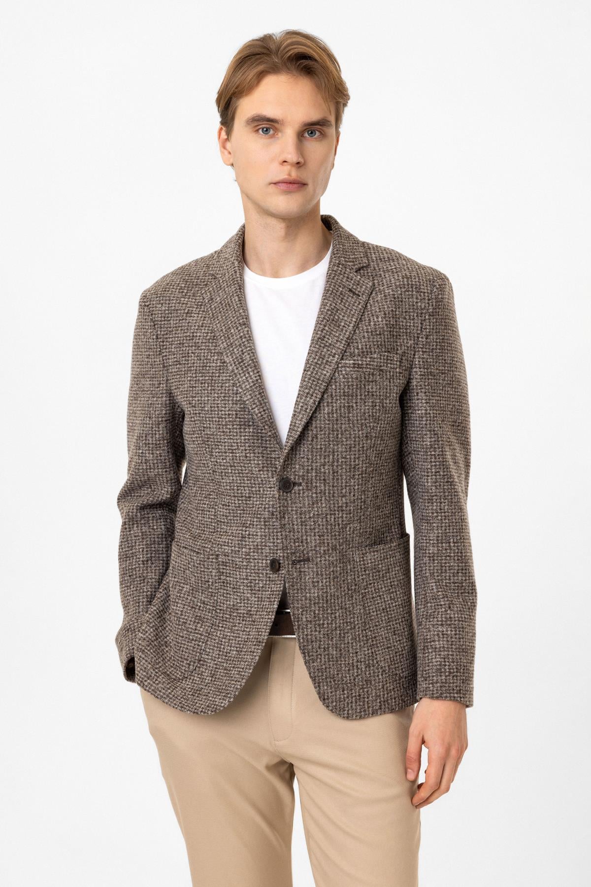 Bej Slim Fit Mono Yaka Dokuma Ceket