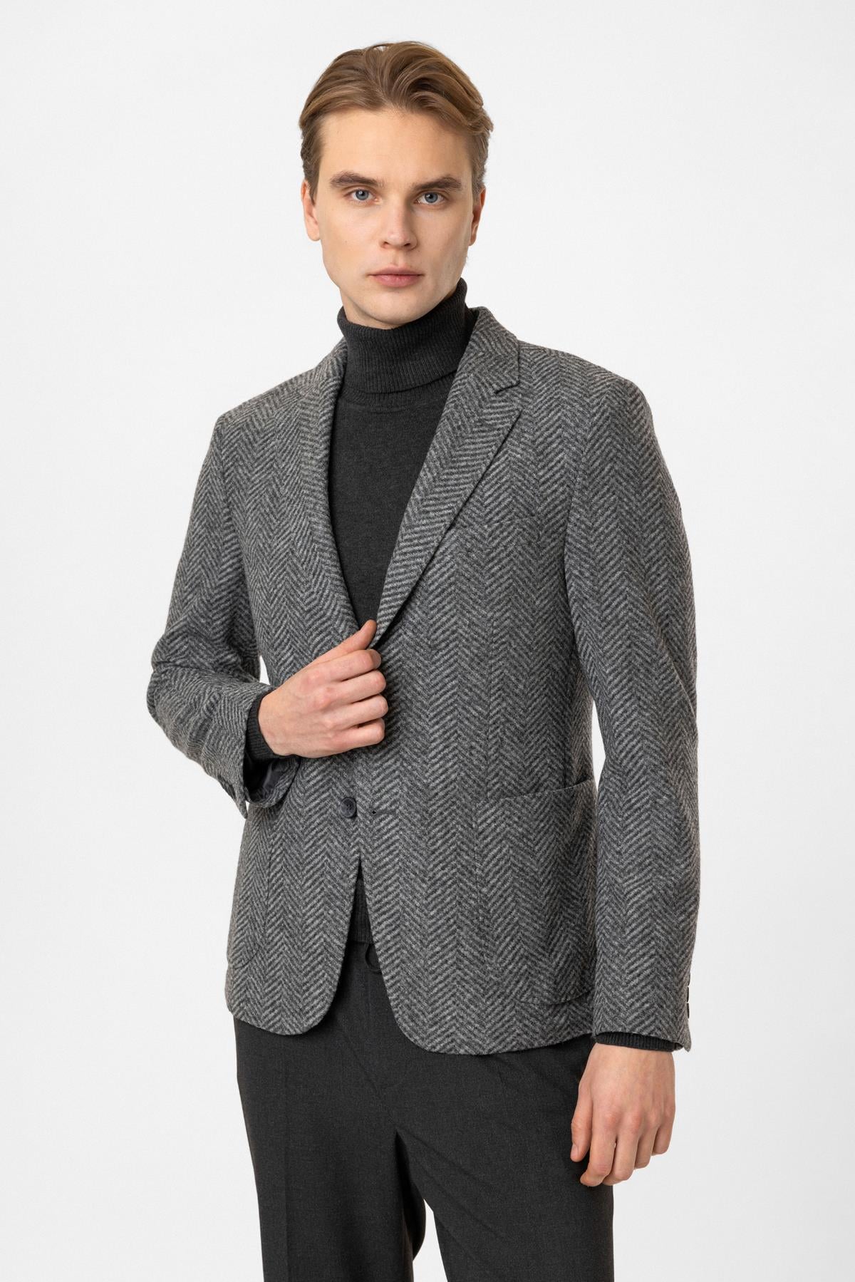 Gri Dokuma Mono Yaka Ceket