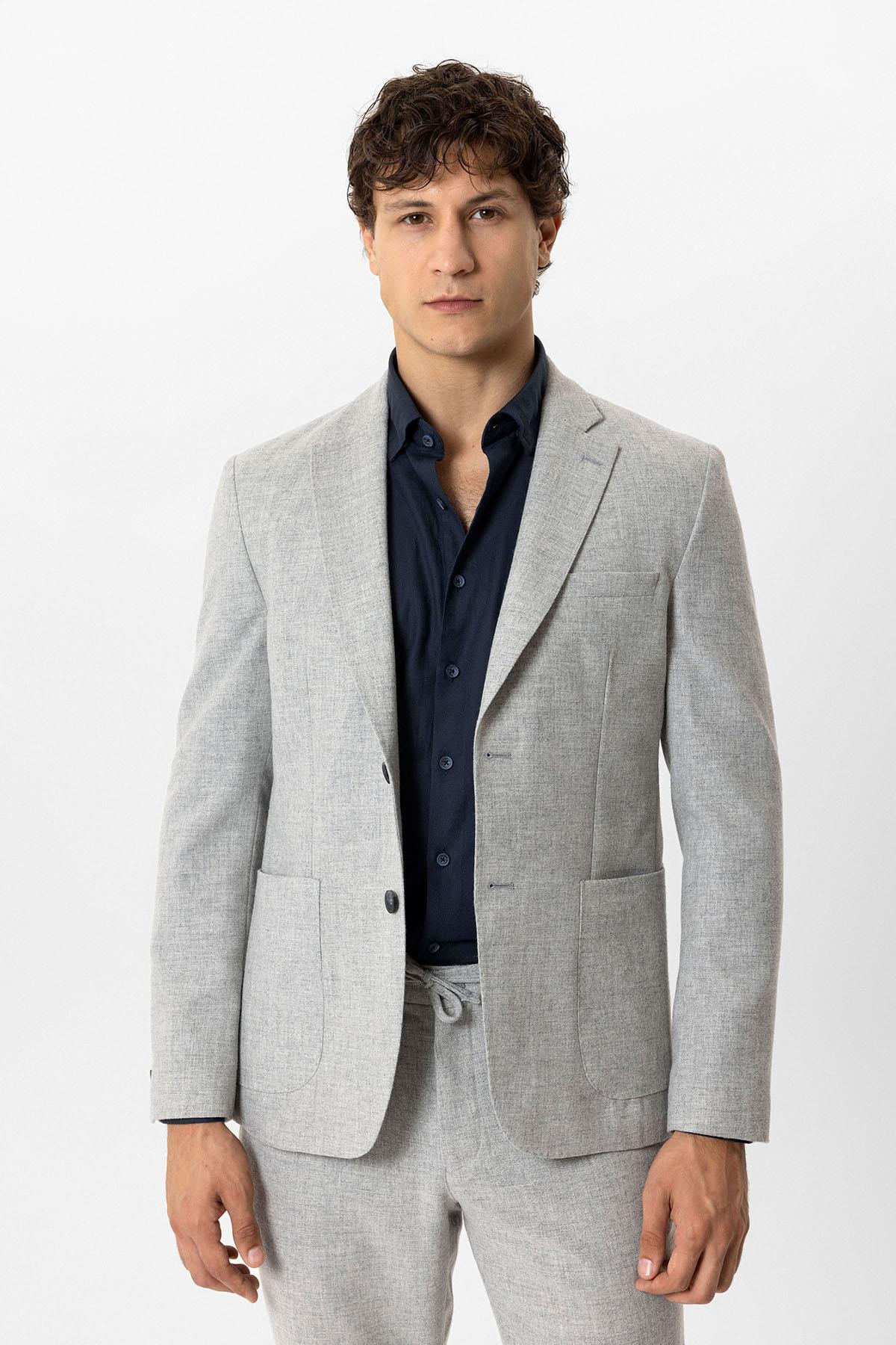 Açık Gri Slim Fit Mono Yaka Yünlü Ceket