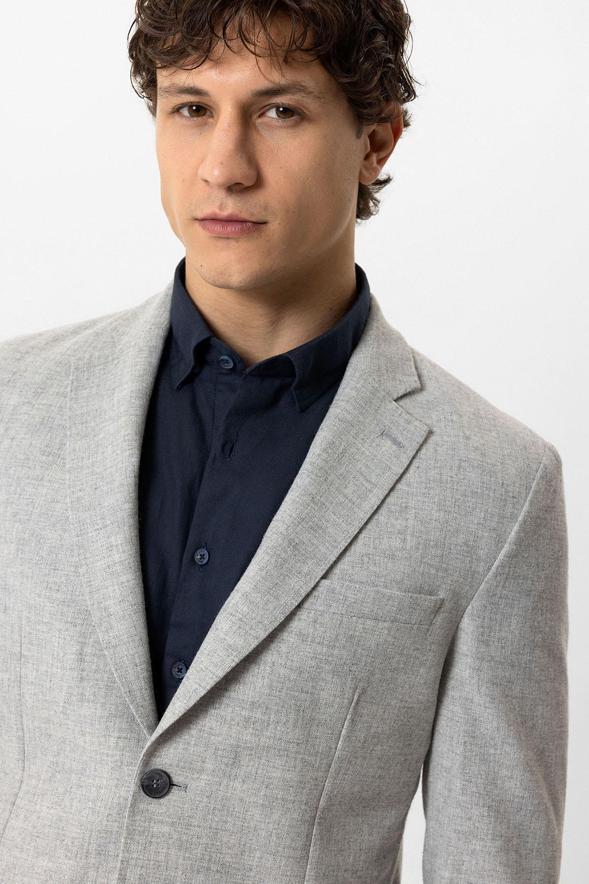 Açık Gri Slim Fit Mono Yaka Yünlü Ceket