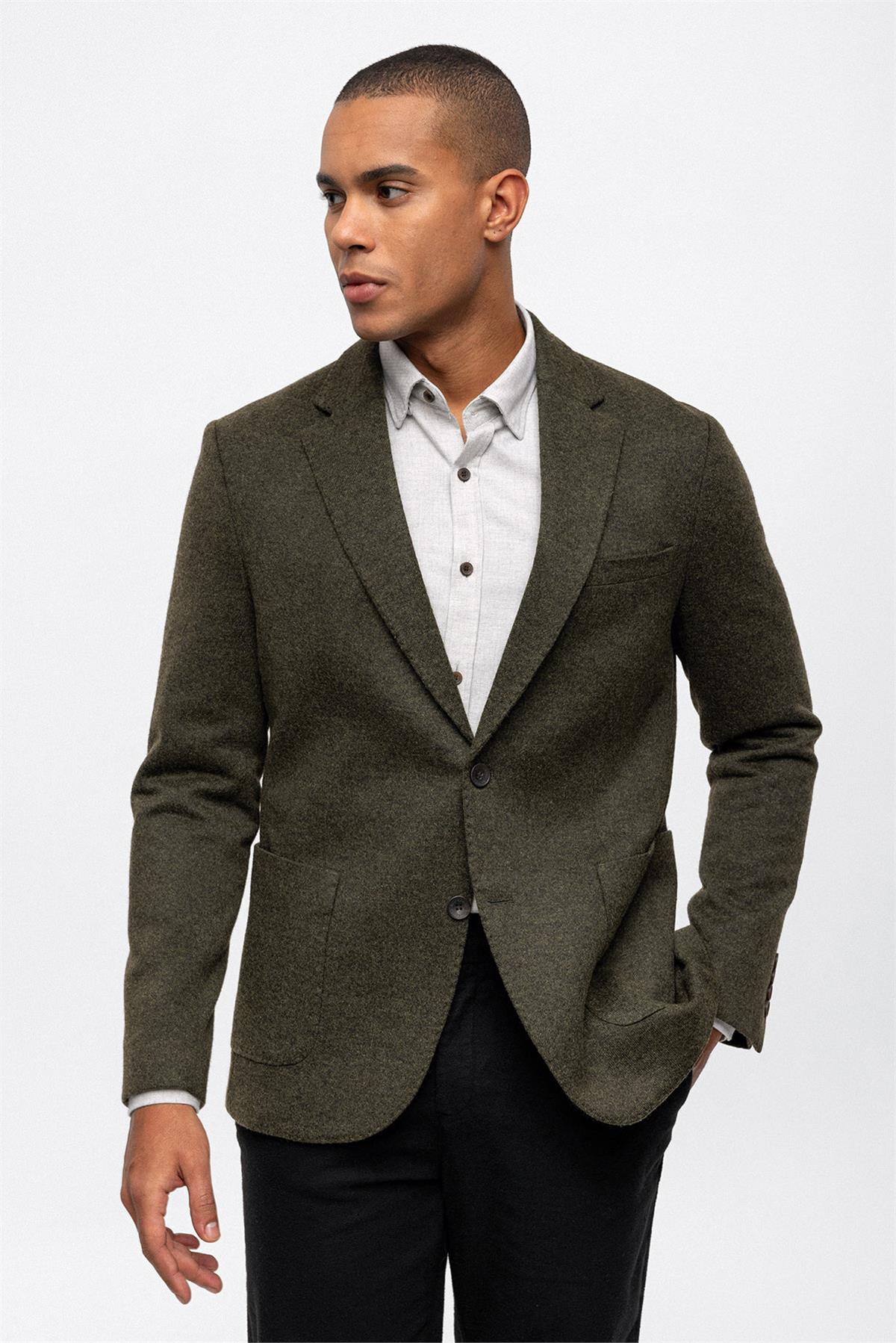 Haki Slim Fit Mono Yaka Ceket