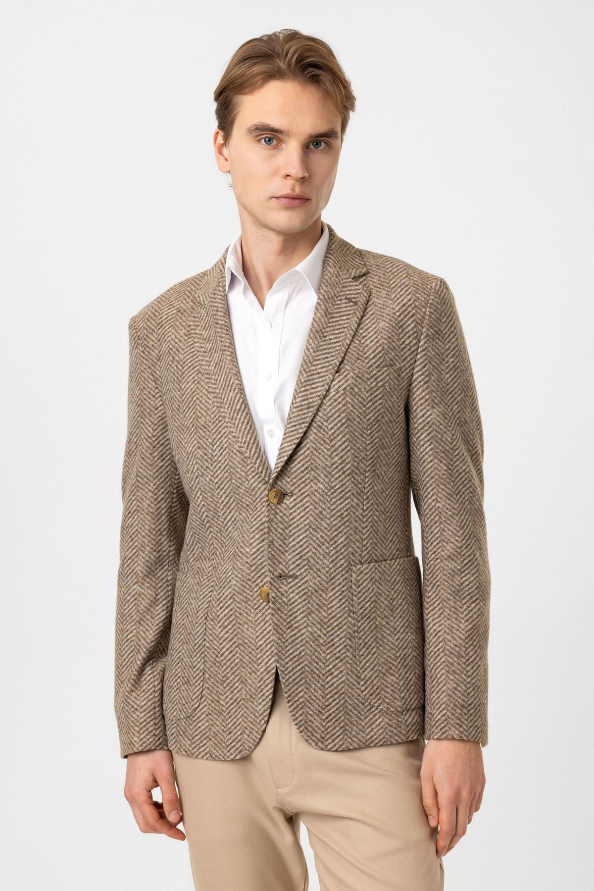 Bej Dokuma Mono Yaka Ceket 