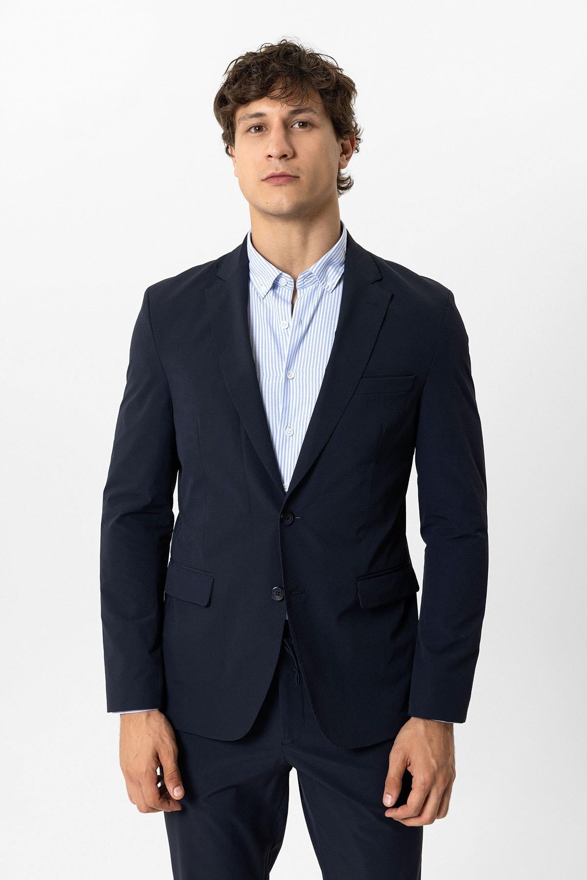 Lacivert Slim Fit Mono Yaka Ceket