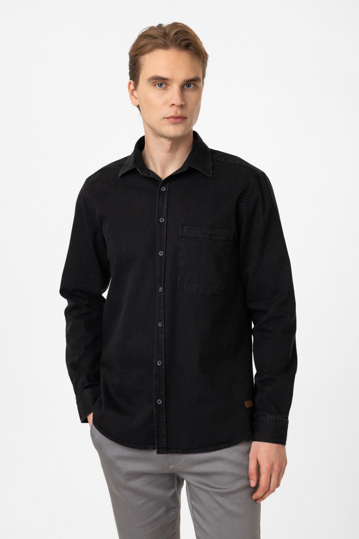 Siyah Regular Fit Cepli Denim Gömlek