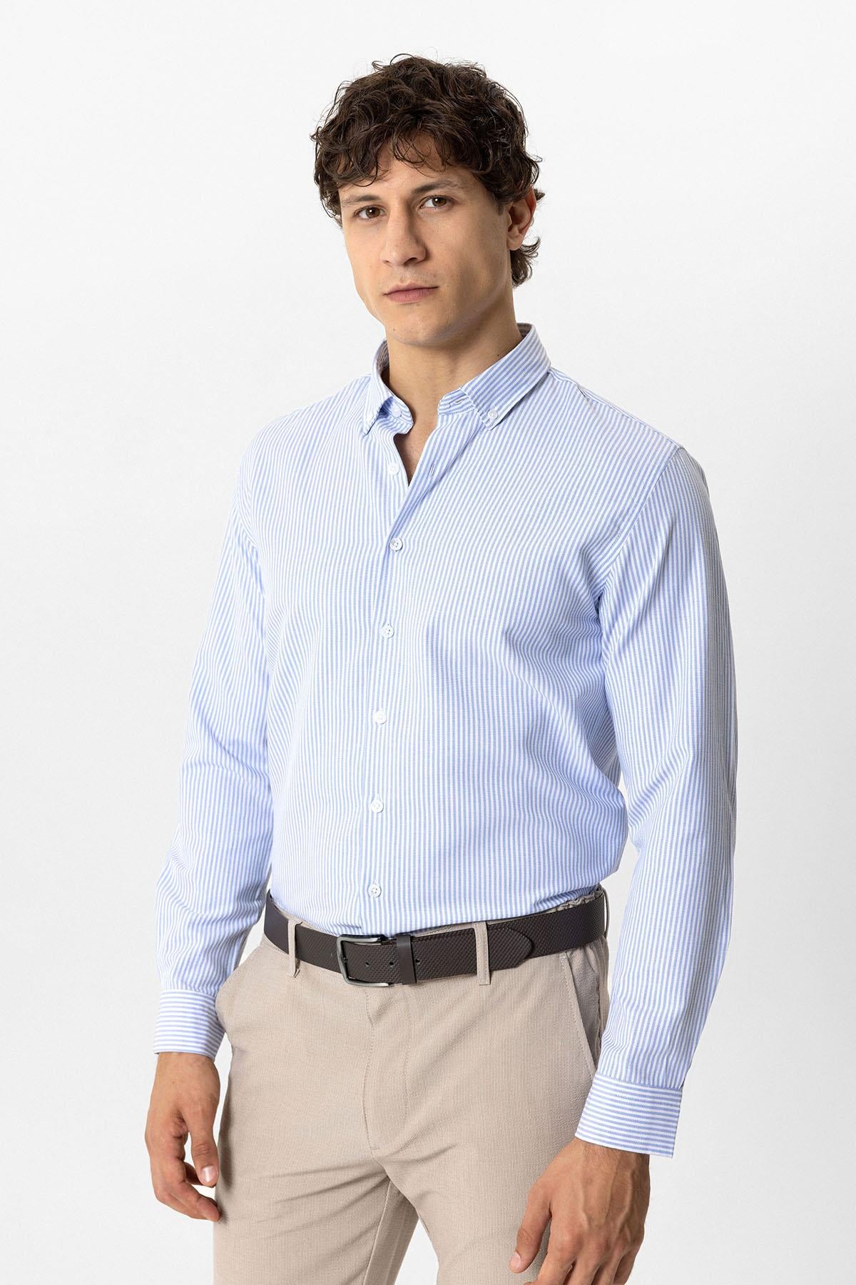 Mavi Slim Fit Pamuklu Çizgili Gömlek