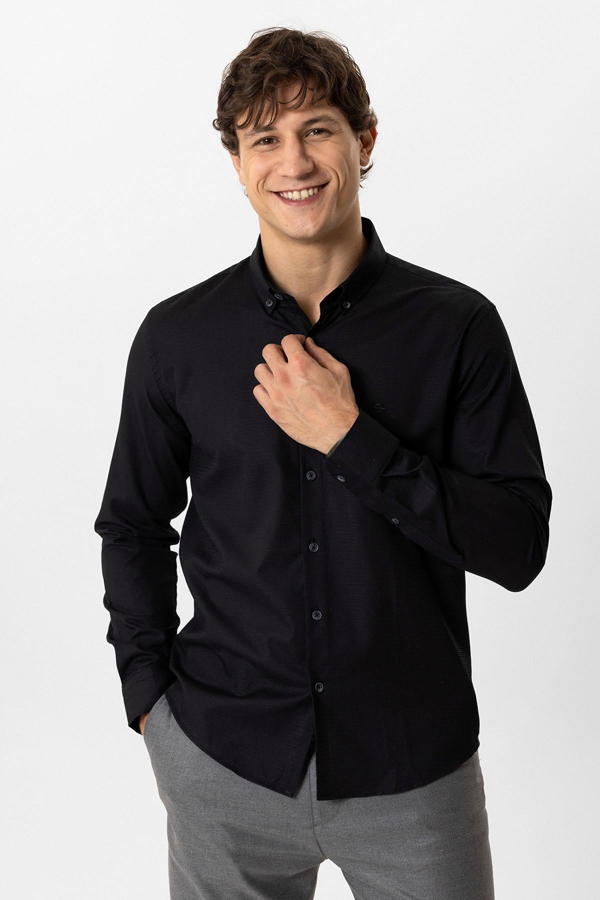 Siyah Slim Fit Armürlü %100 Pamuk Gömlek