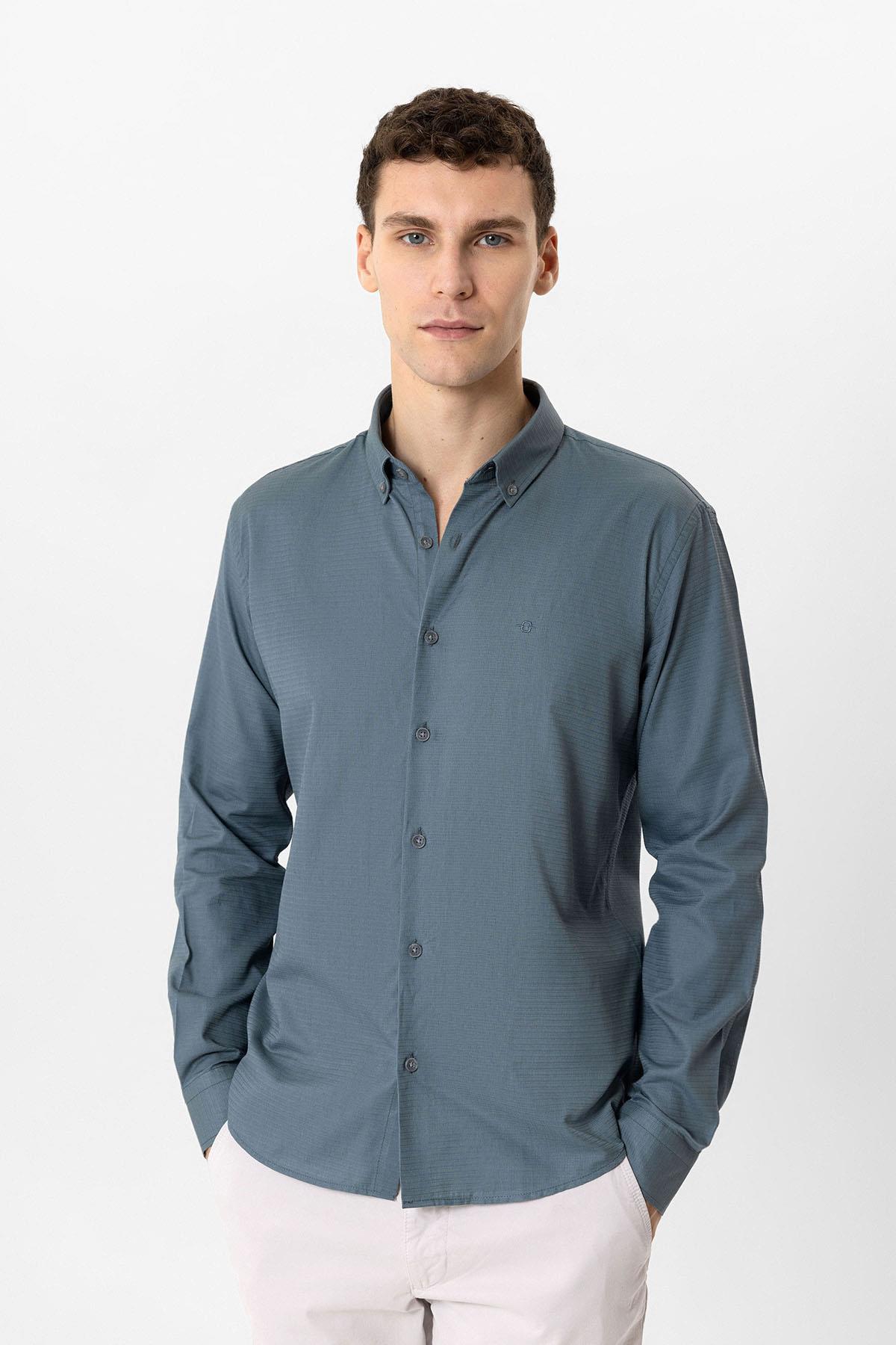 Gri Slim Fit Armürlü %100 Pamuk Gömlek