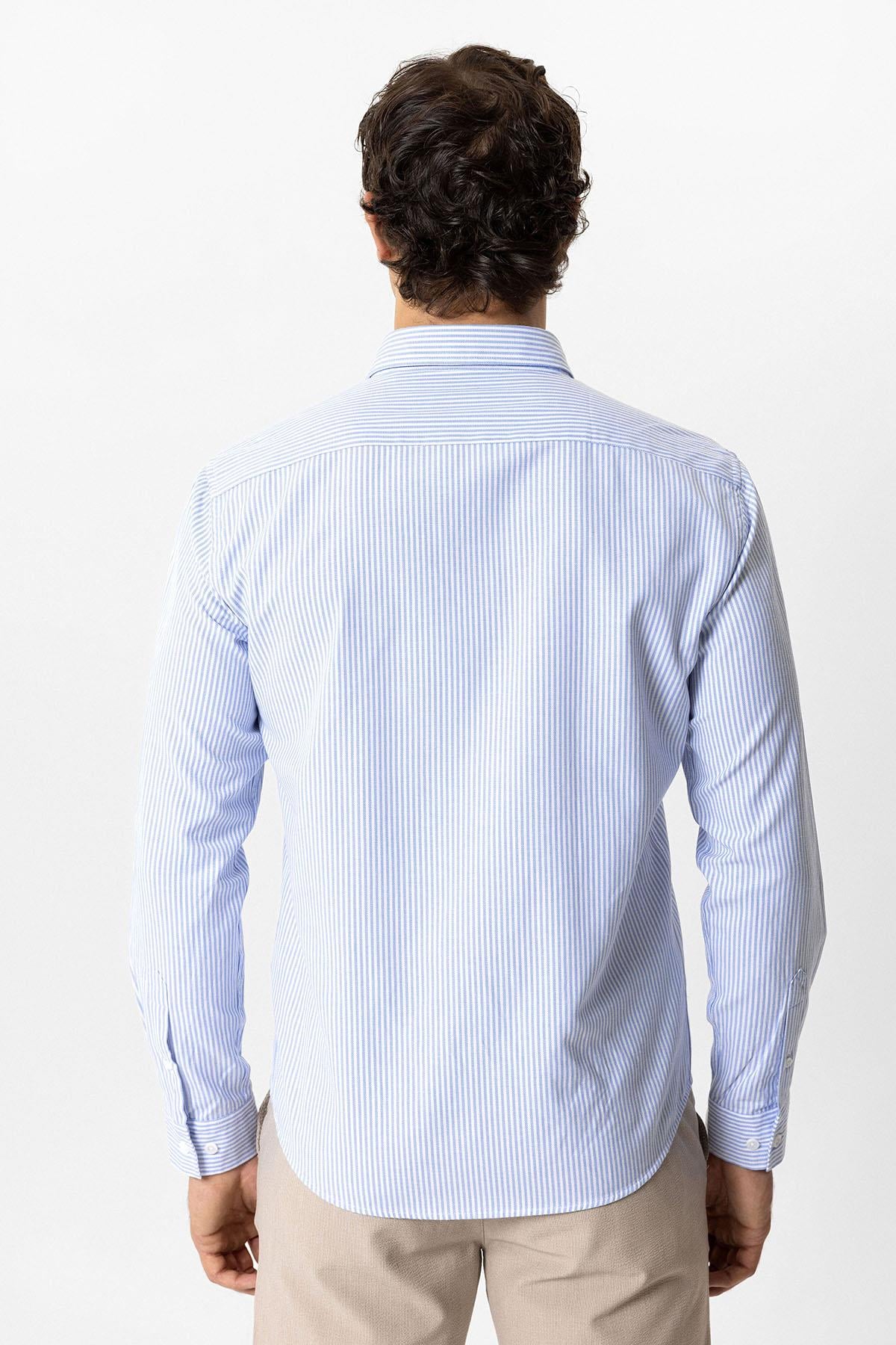 Mavi Slim Fit Pamuklu Çizgili Gömlek