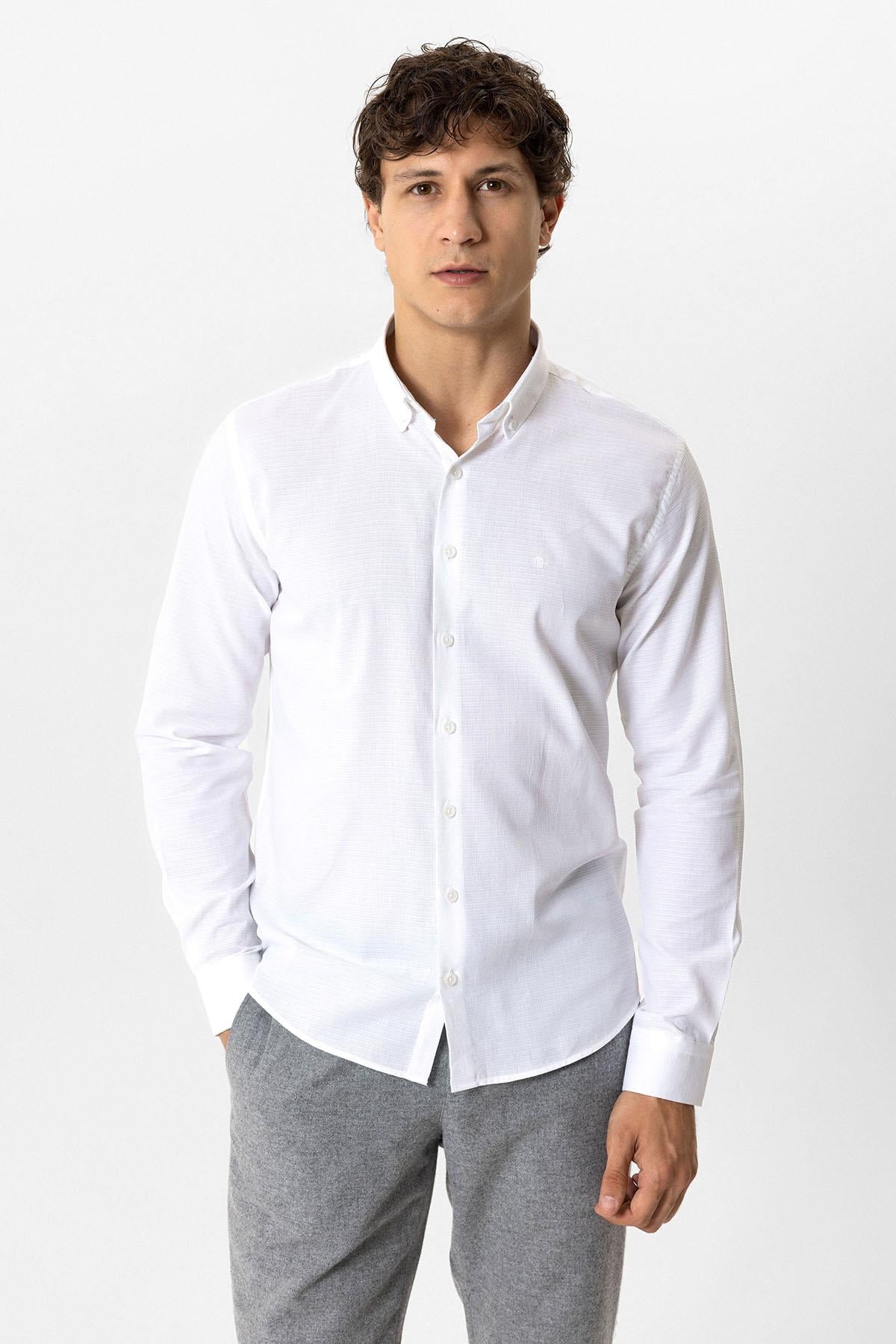 Beyaz Slim Fit Armürlü Pamuklu Gömlek 