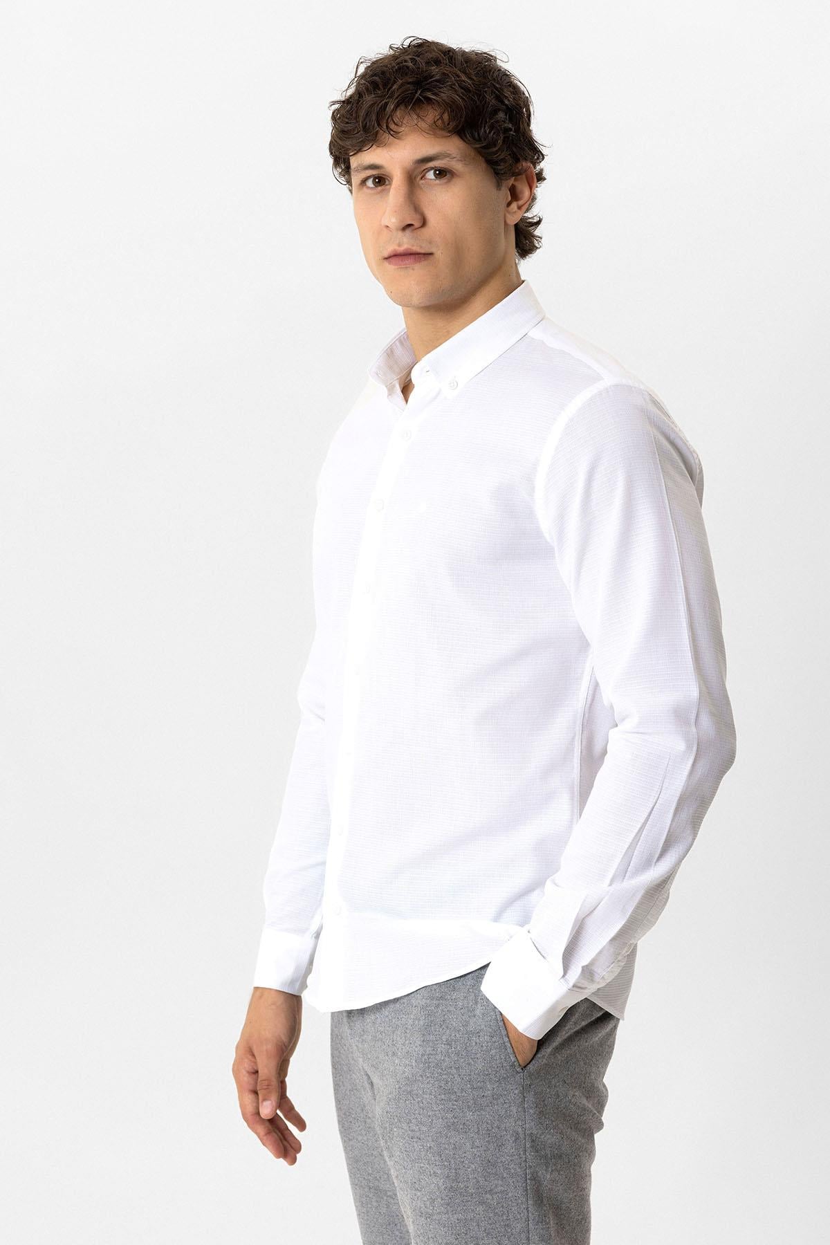 Beyaz Slim Fit Armürlü Pamuklu Gömlek 