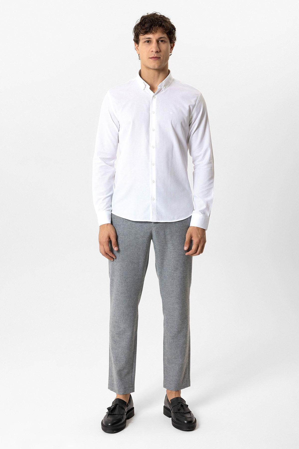 Beyaz Slim Fit Armürlü Pamuklu Gömlek 