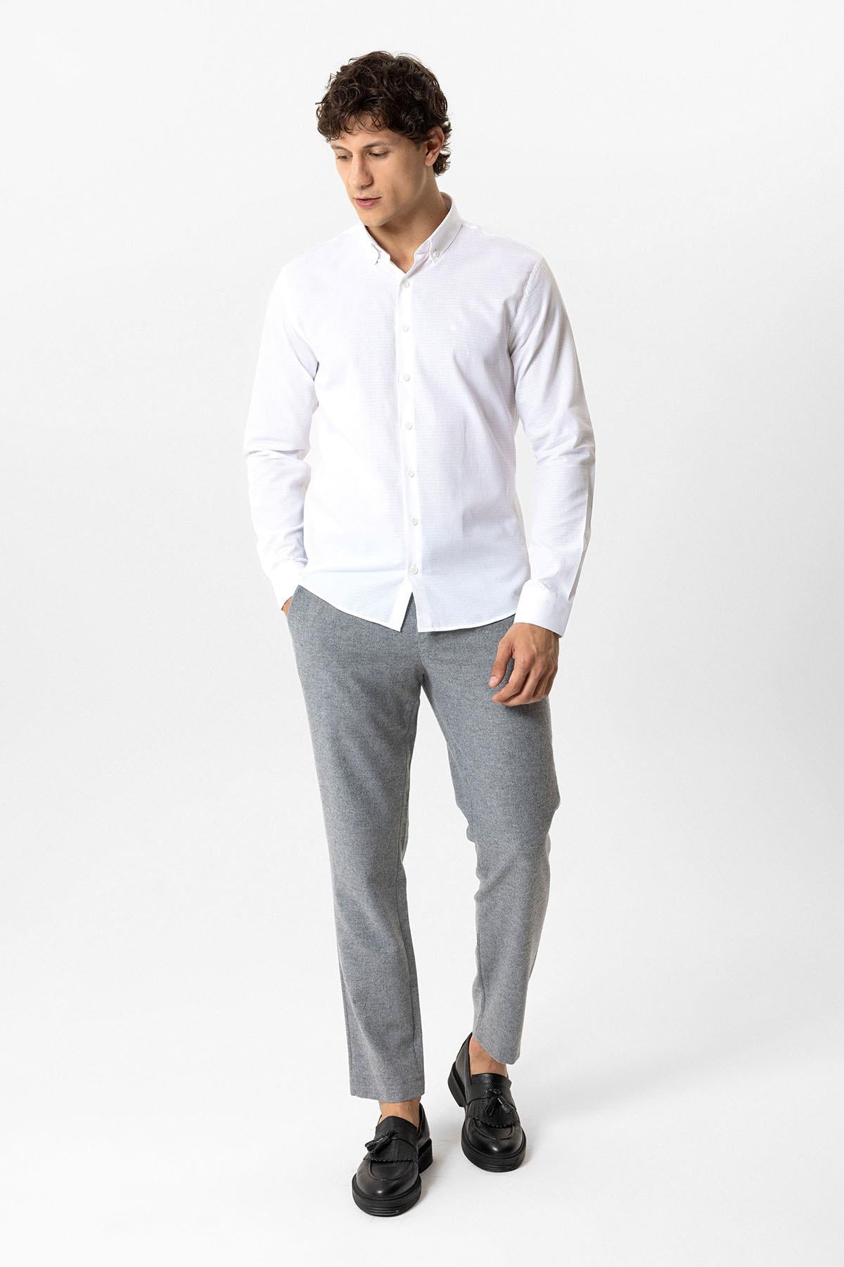Beyaz Slim Fit Armürlü Pamuklu Gömlek 